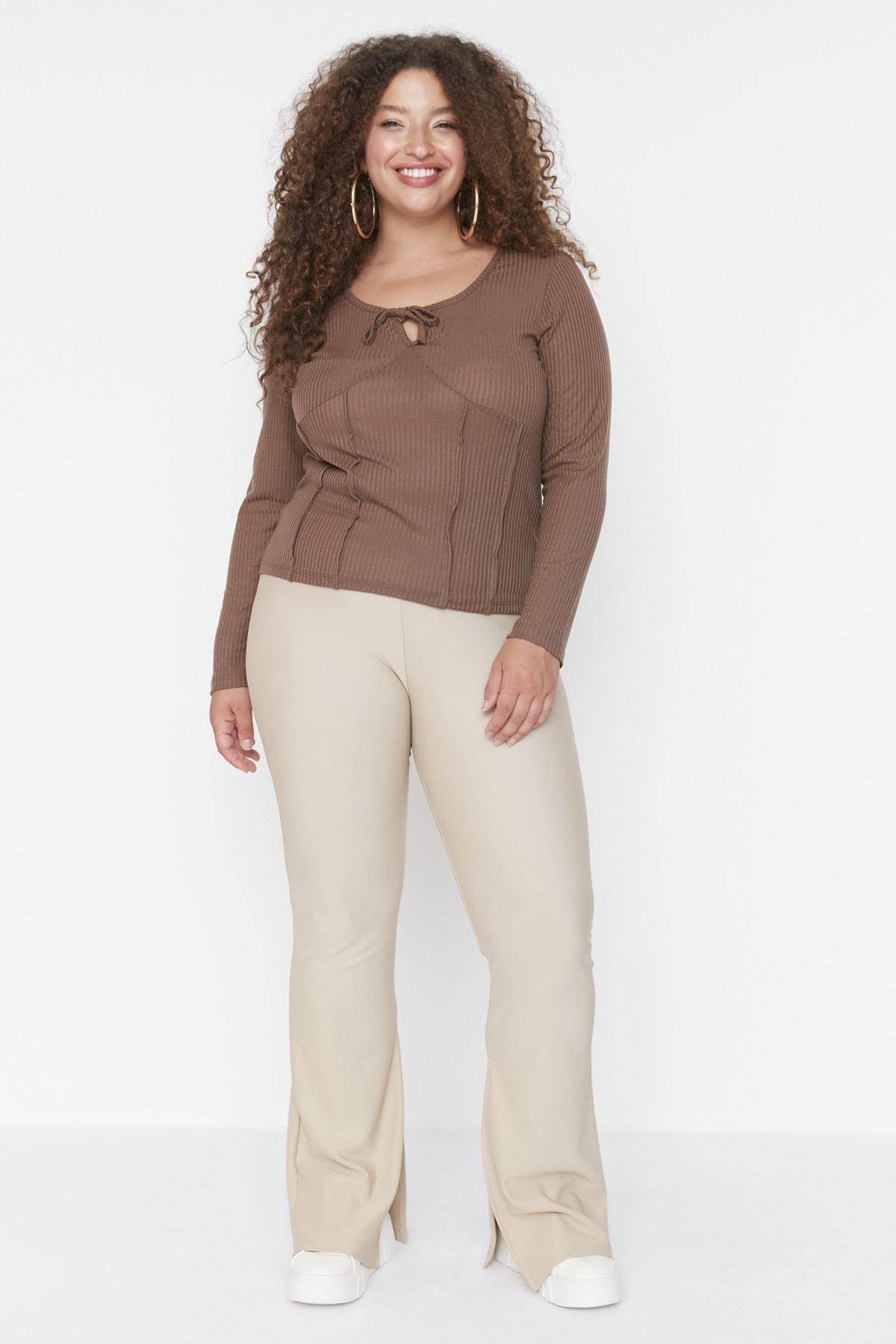 Beige Slim Plus Size Pants, , large image number 3