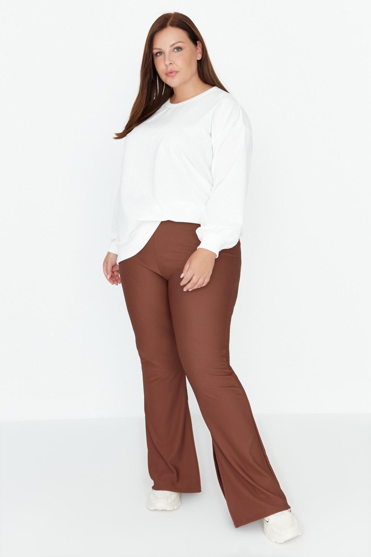 Brown Slim High Waist Plus Size Pants, , large image number 0
