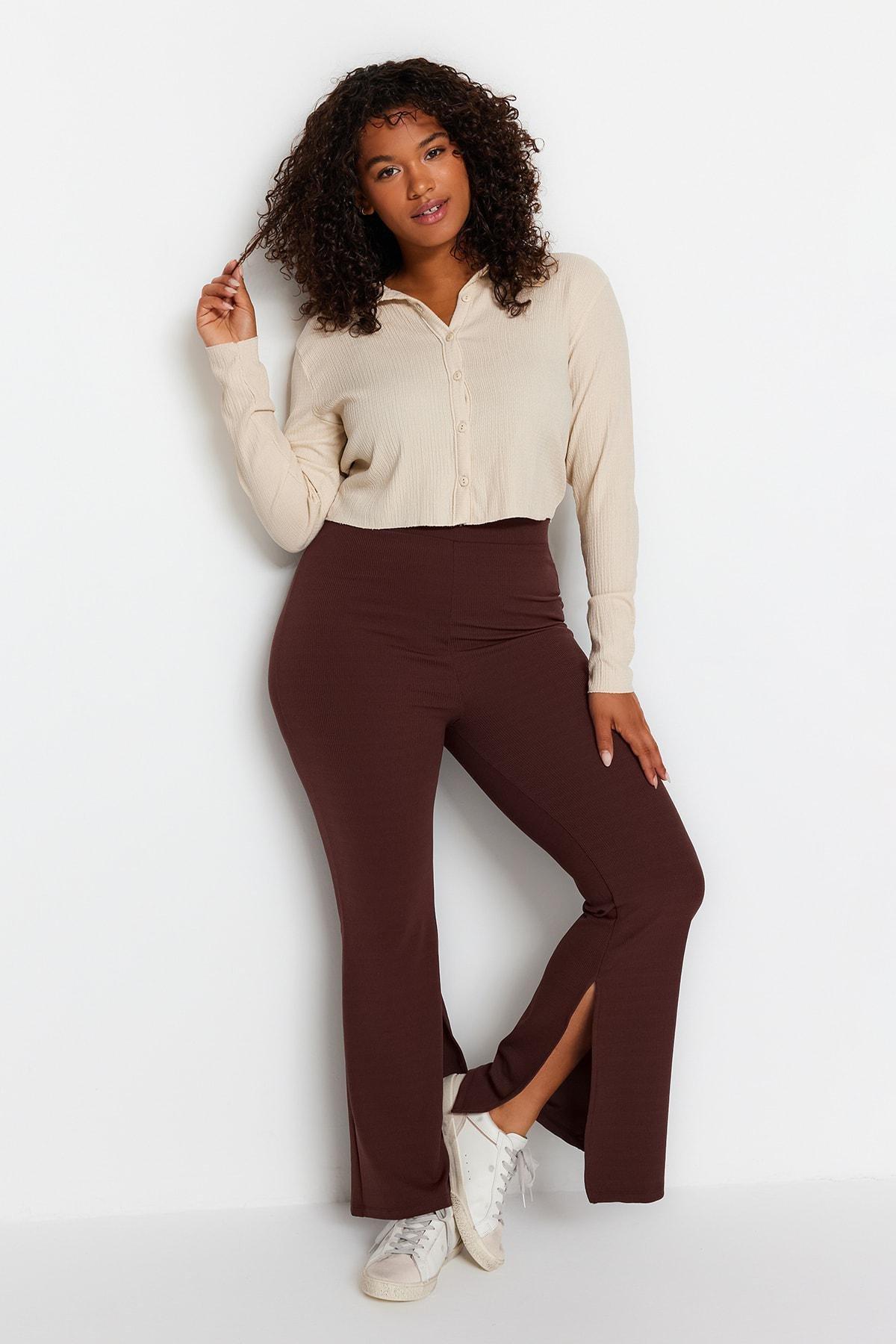 Brown Slim High Waist Plus Size Pants, , large image number 1