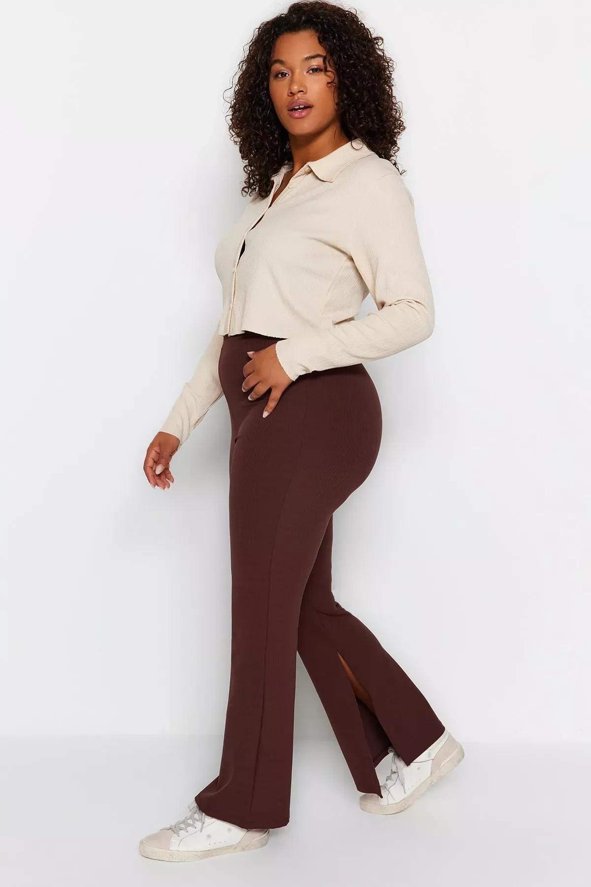 بنطال بقصة سليم فت بخصر مرتفع للمقاسات الكبيرة، بني, Brown, large image number 1