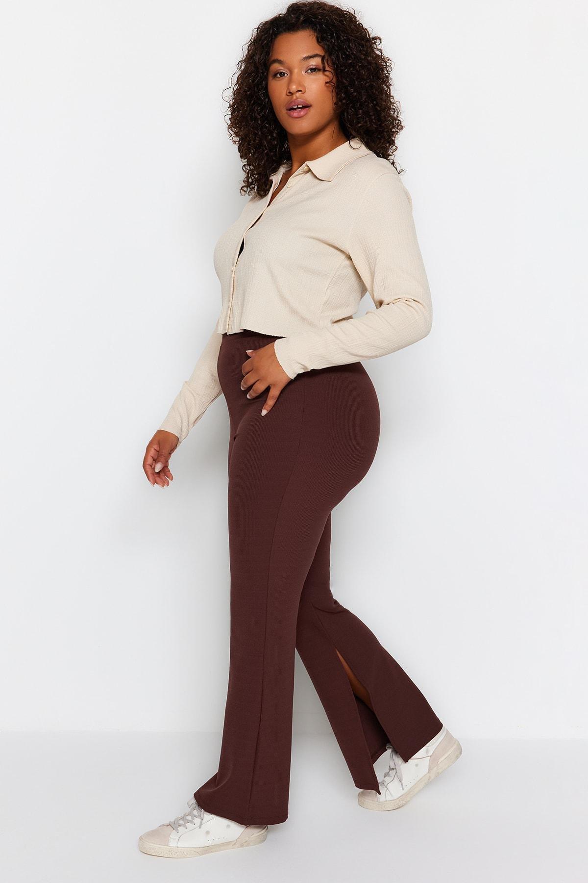 Brown Slim High Waist Plus Size Pants, , large image number 2