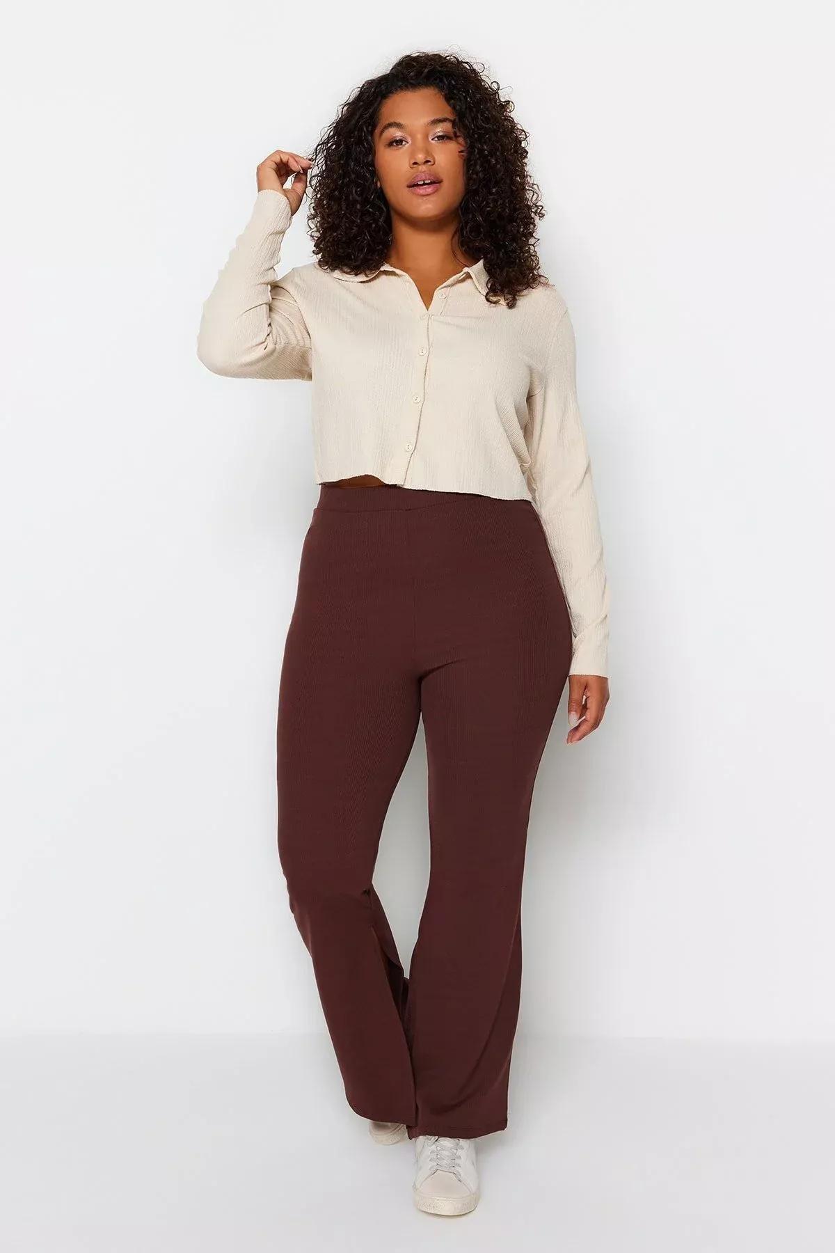 بنطال بقصة سليم فت بخصر مرتفع للمقاسات الكبيرة، بني, Brown, large image number 2