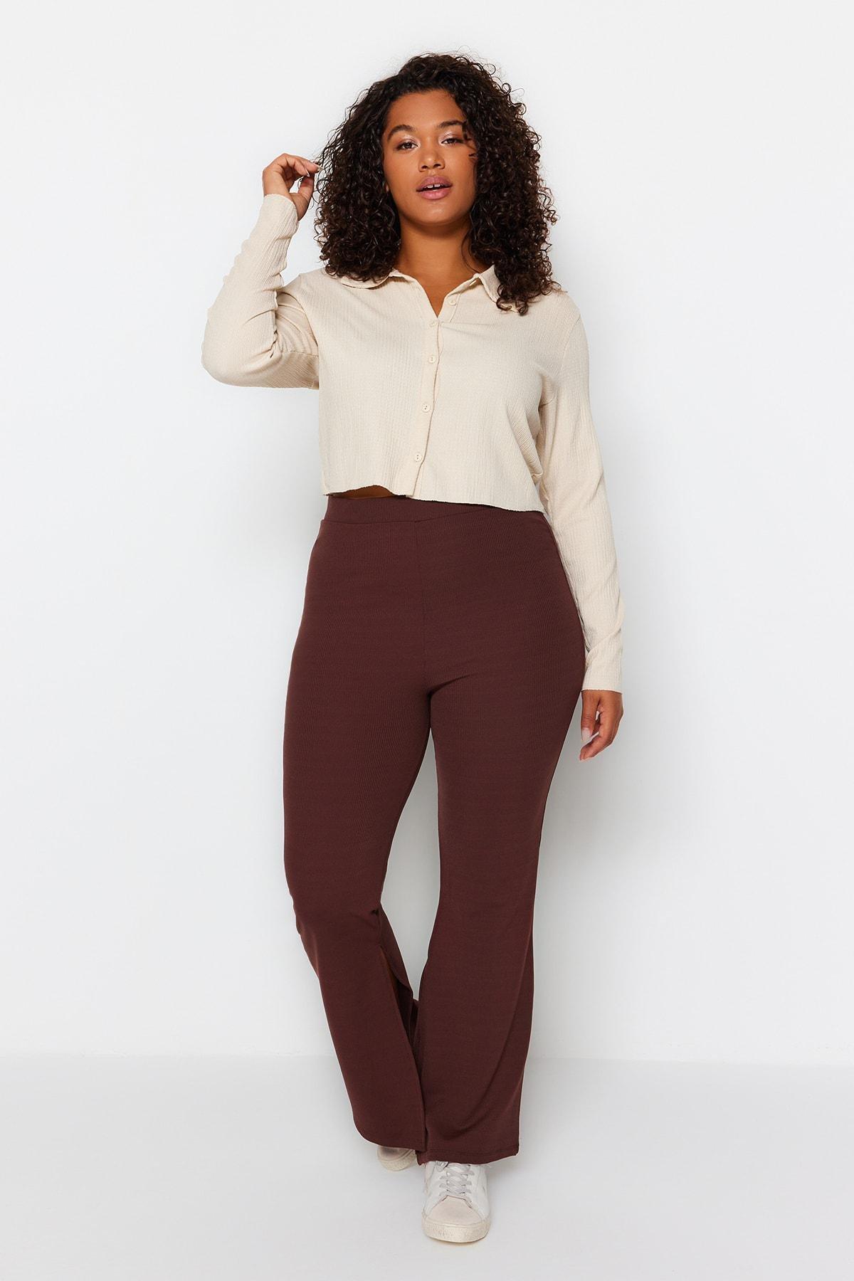 Brown Slim High Waist Plus Size Pants, , large image number 3