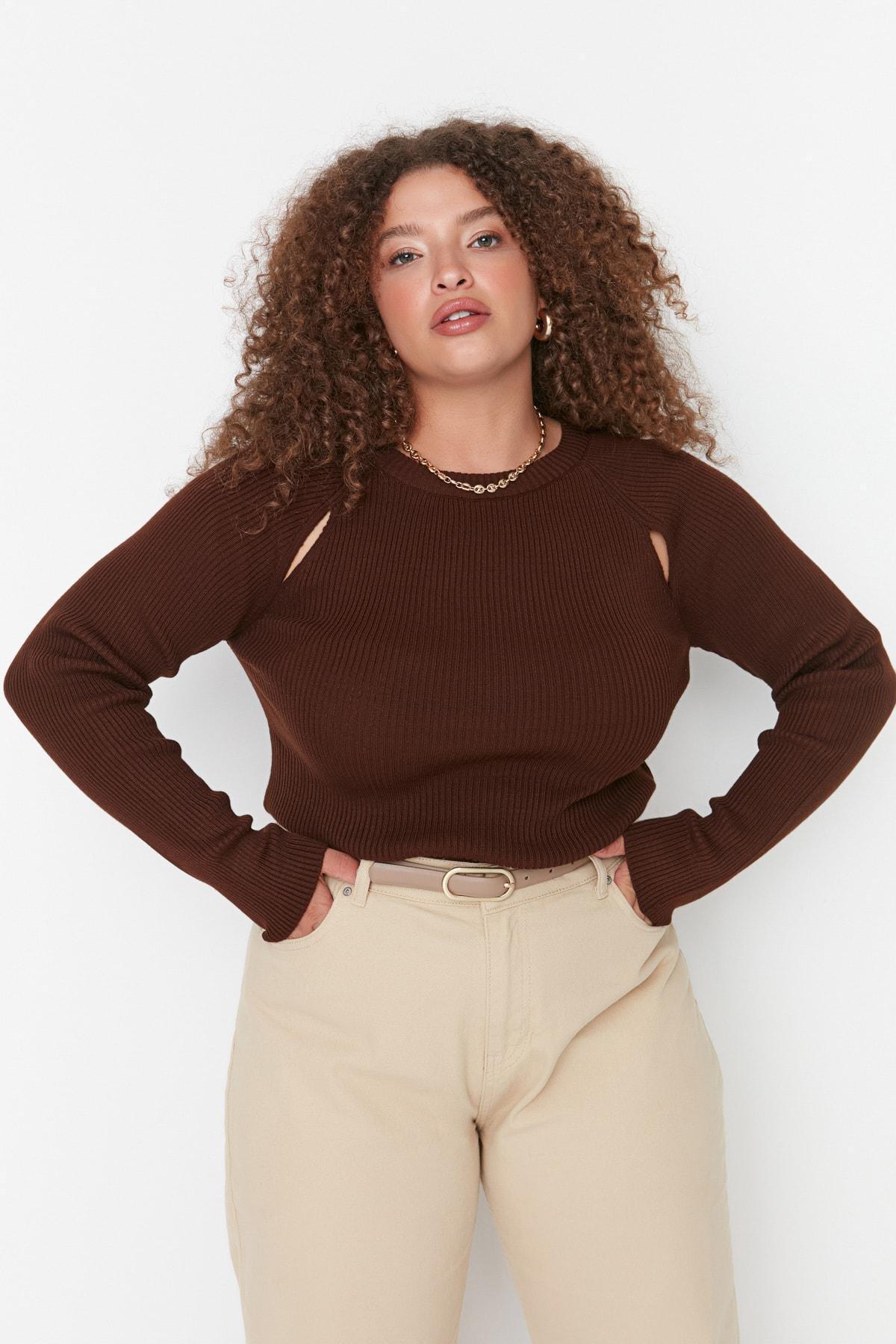 Brown Crew Neck Plus Size Sweater, Brown, large image number 2
