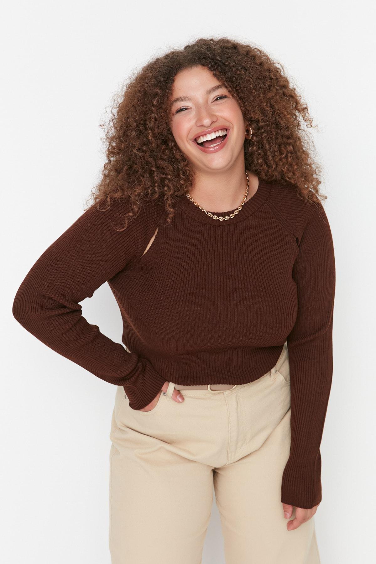Brown Crew Neck Plus Size Sweater, Brown, large image number 3