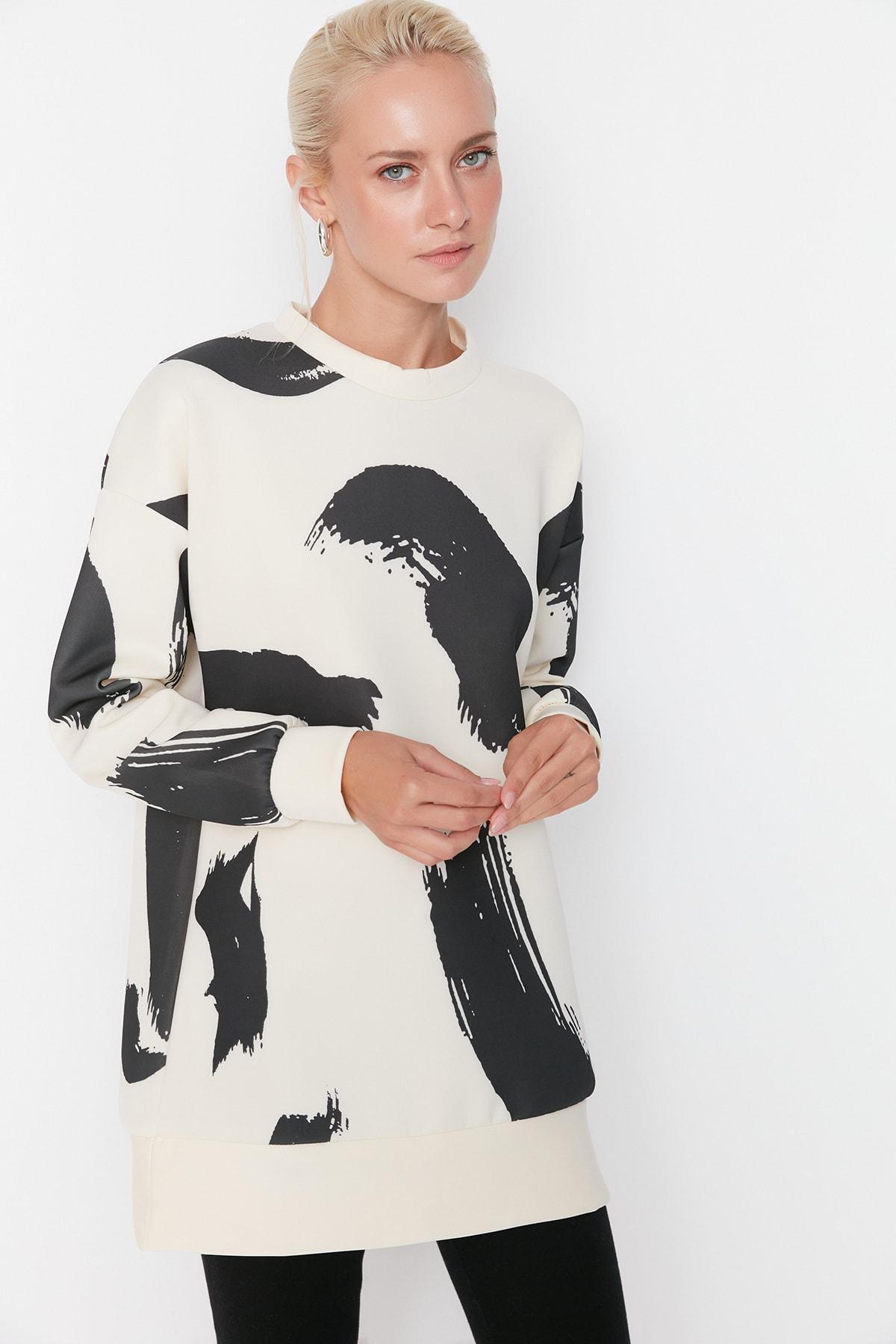 Trendyol - White Print Crew Neck Sweatshirt