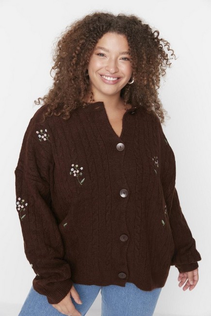 Trendyol - Brown Relaxed Floral Plus Size Cardigan