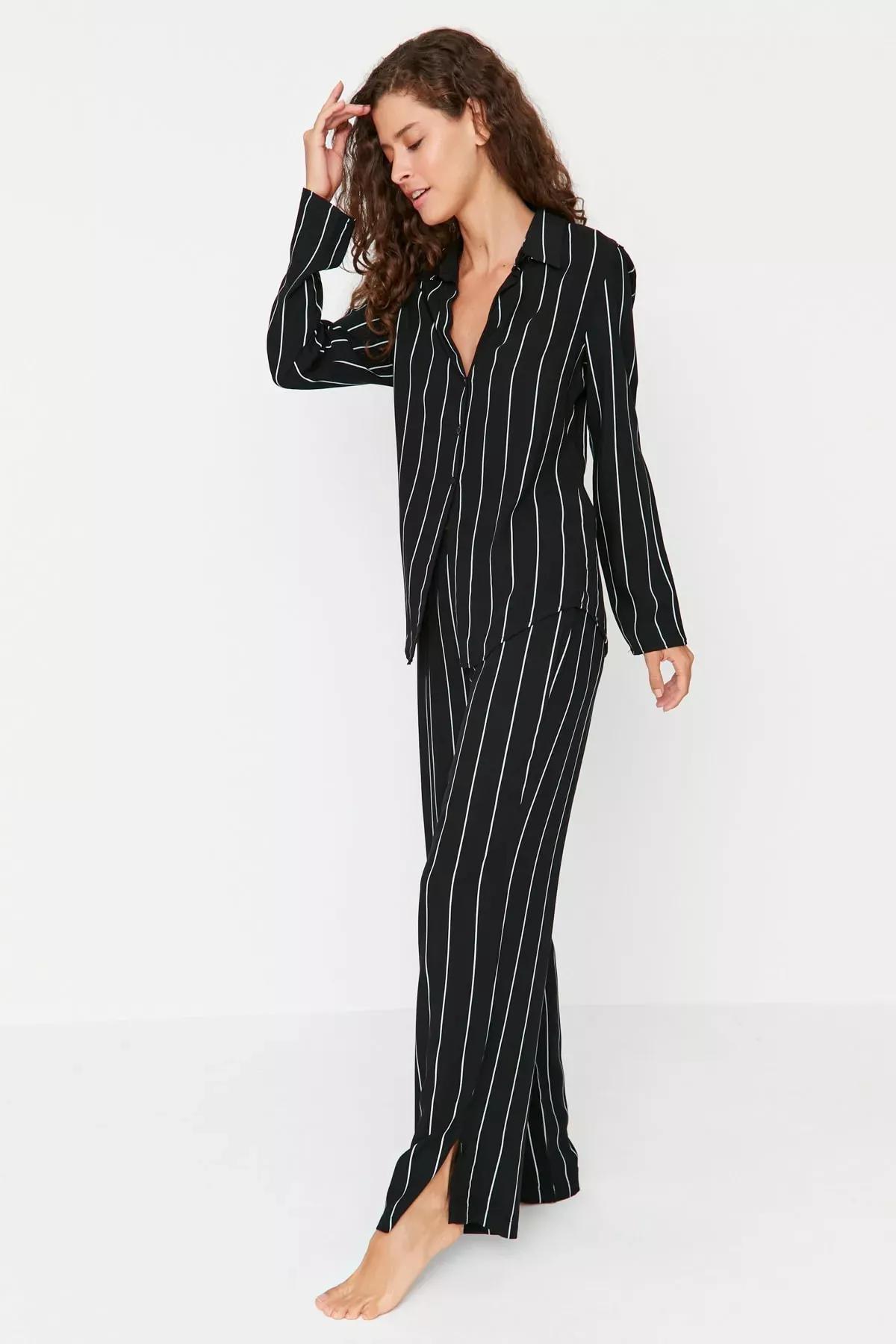 Black Striped Slit Detailed Viscose Shirt-Pants Woven Pajamas Set, Multicolor, medium