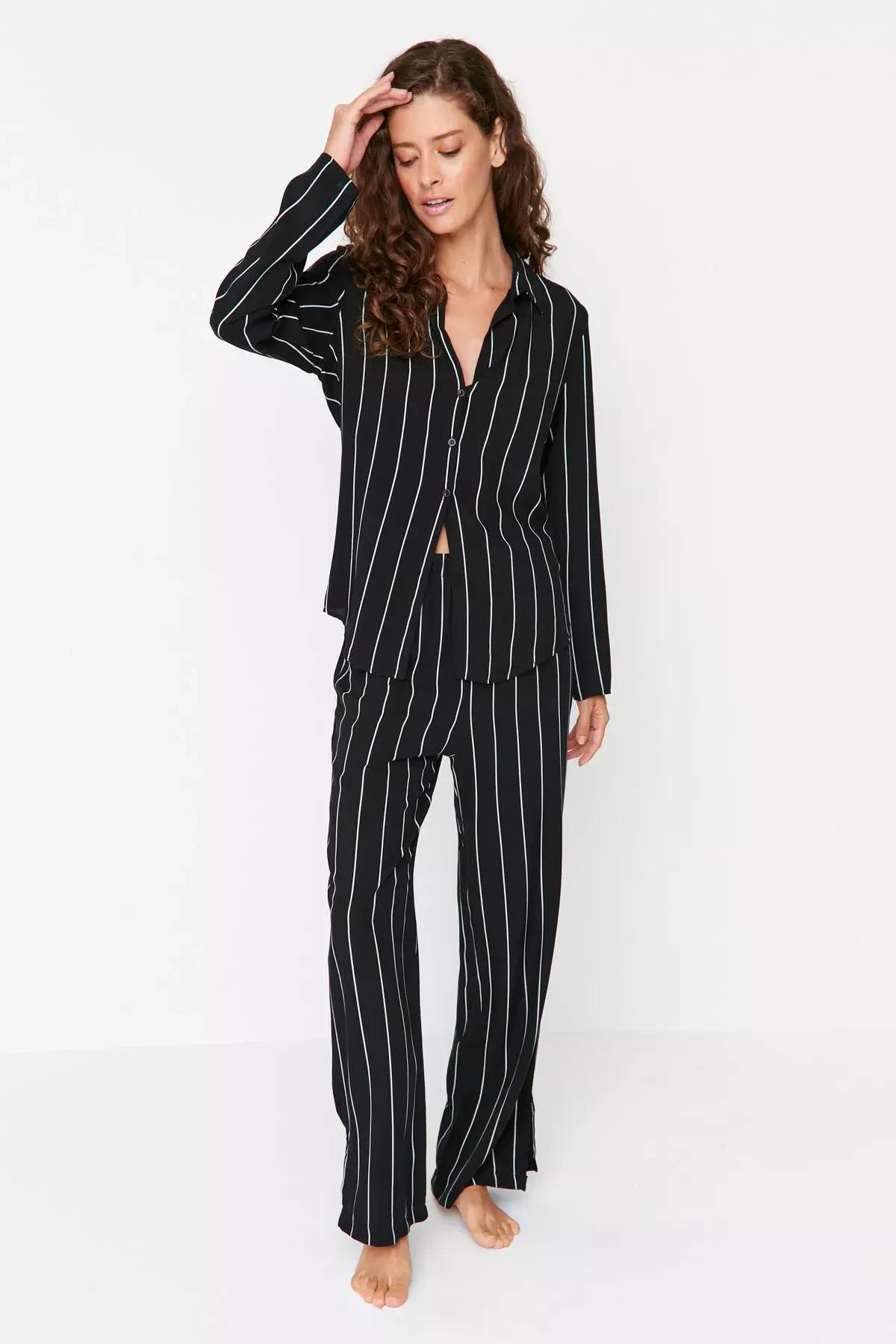 Black Striped Slit Detailed Viscose Shirt-Pants Woven Pajamas Set, Multicolor, medium