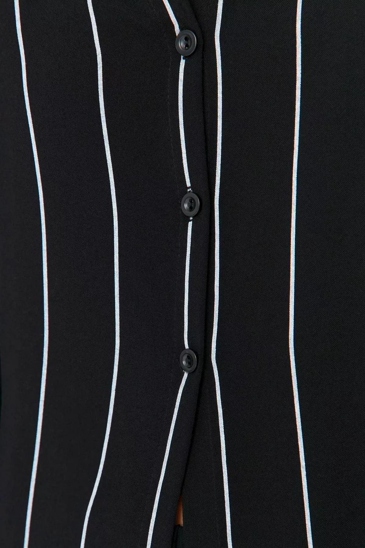 Black Striped Slit Detailed Viscose Shirt-Pants Woven Pajamas Set, Multicolor, medium