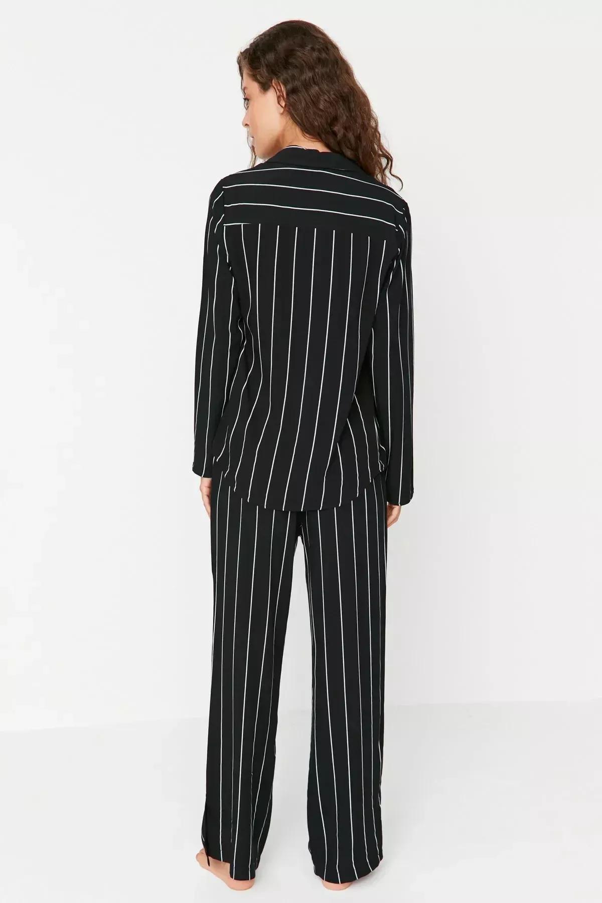 Black Striped Slit Detailed Viscose Shirt-Pants Woven Pajamas Set, Multicolor, large image number 4