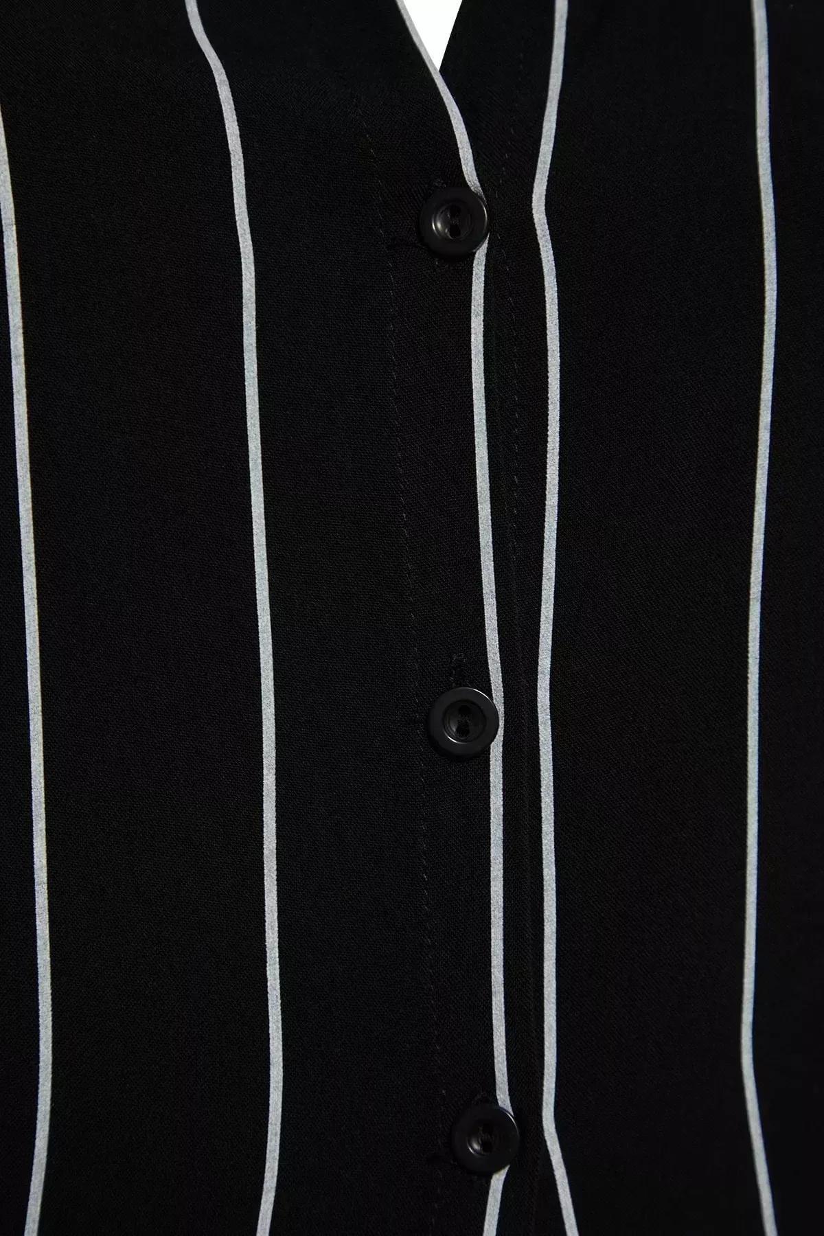 Black Striped Slit Detailed Viscose Shirt-Pants Woven Pajamas Set, Multicolor, large image number 5