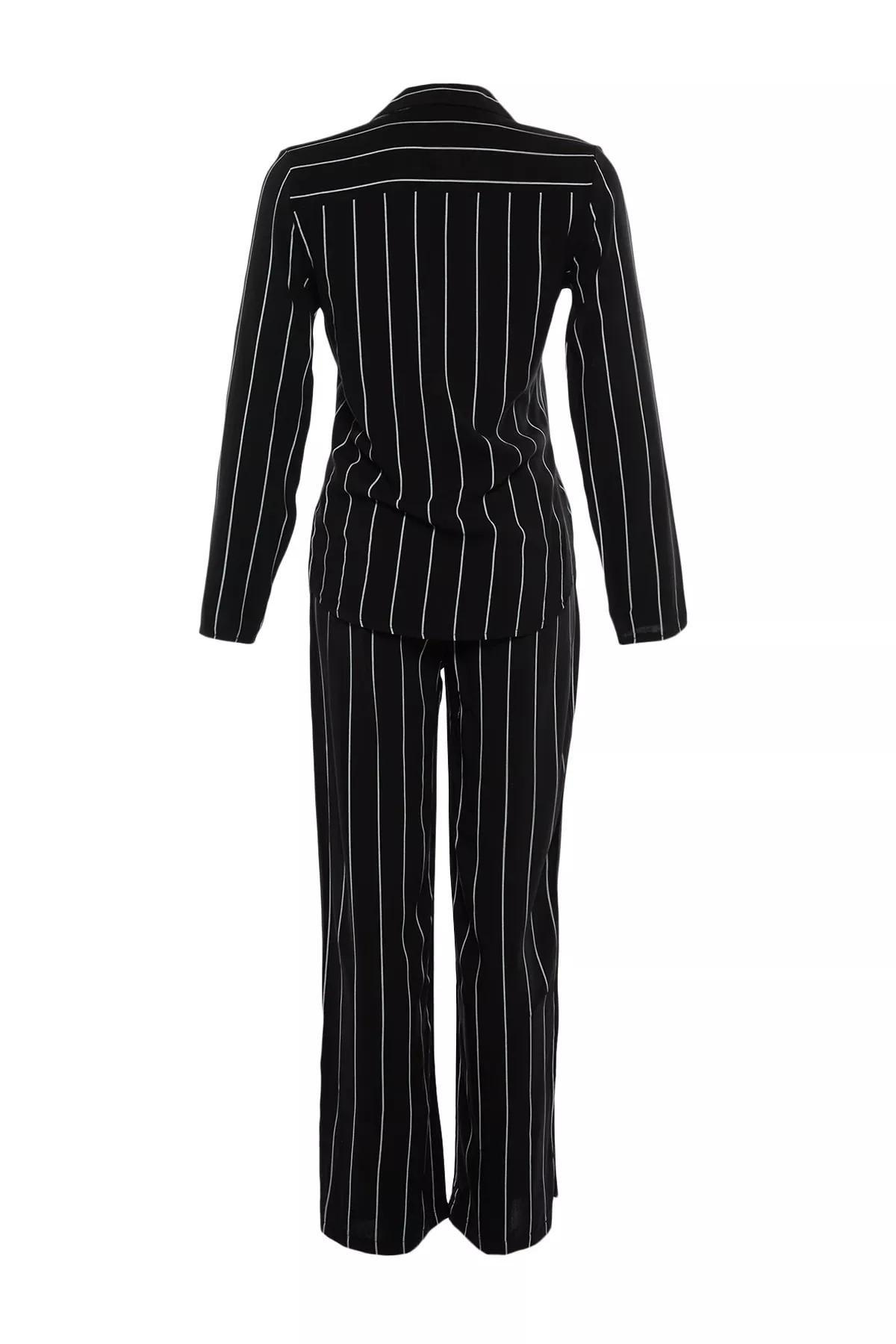 Black Striped Slit Detailed Viscose Shirt-Pants Woven Pajamas Set, Multicolor, large image number 6
