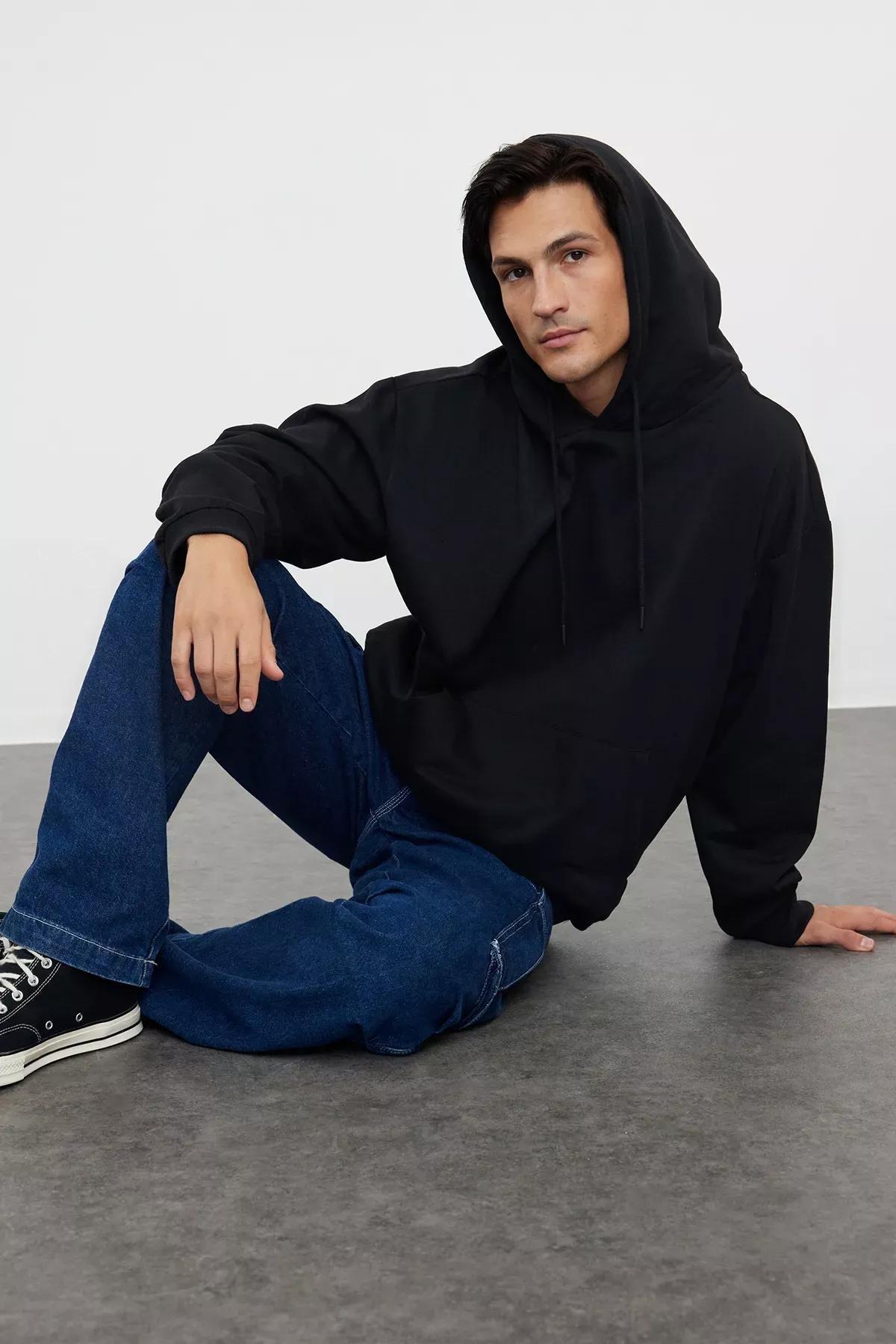 Black Oversize Hooded Sweatshirt, Black, medium