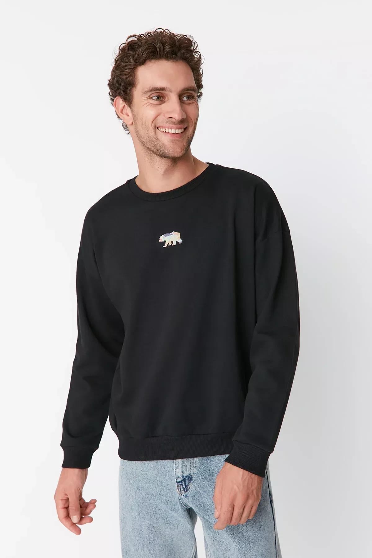Black Crew Neck Oversize Sweatshirt, , large image number 0