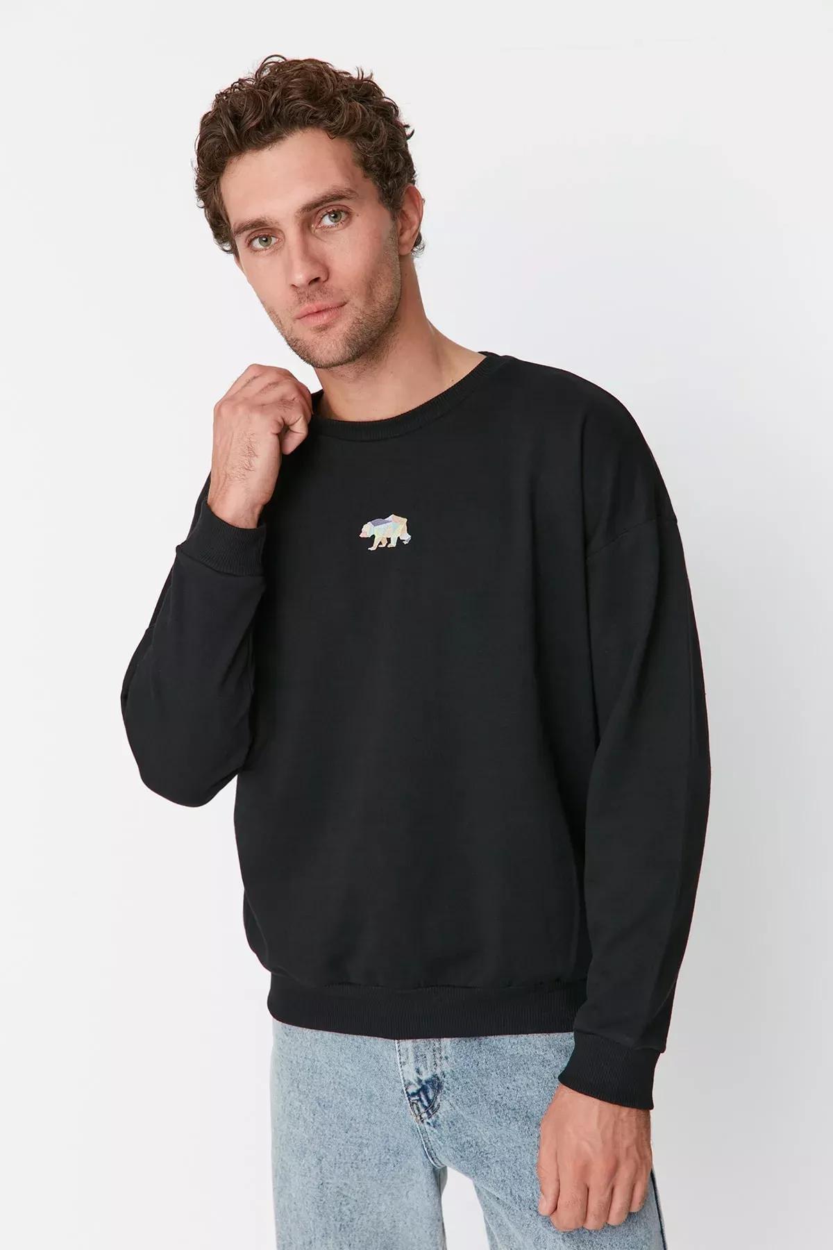 Black Crew Neck Oversize Sweatshirt, , large image number 1