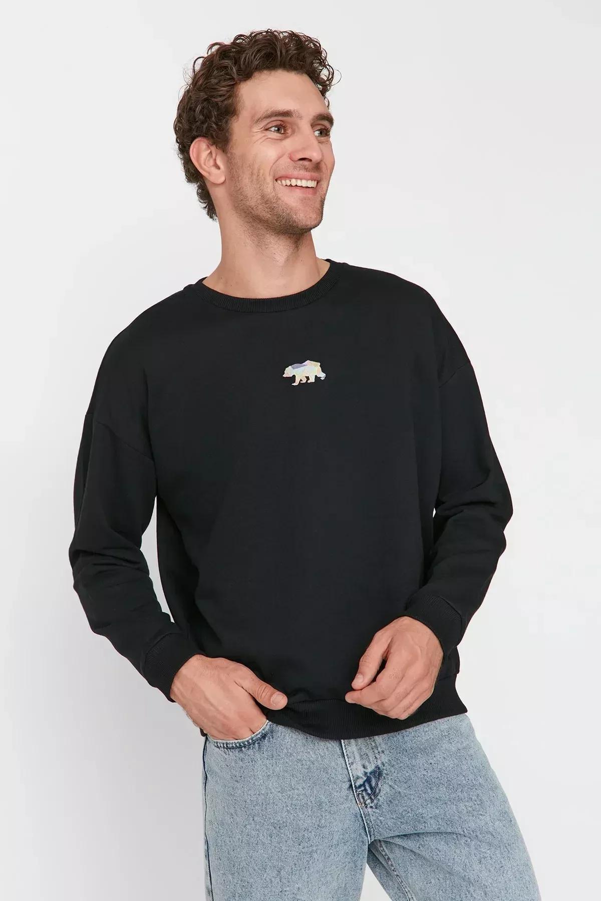 Black Crew Neck Oversize Sweatshirt, , large image number 2