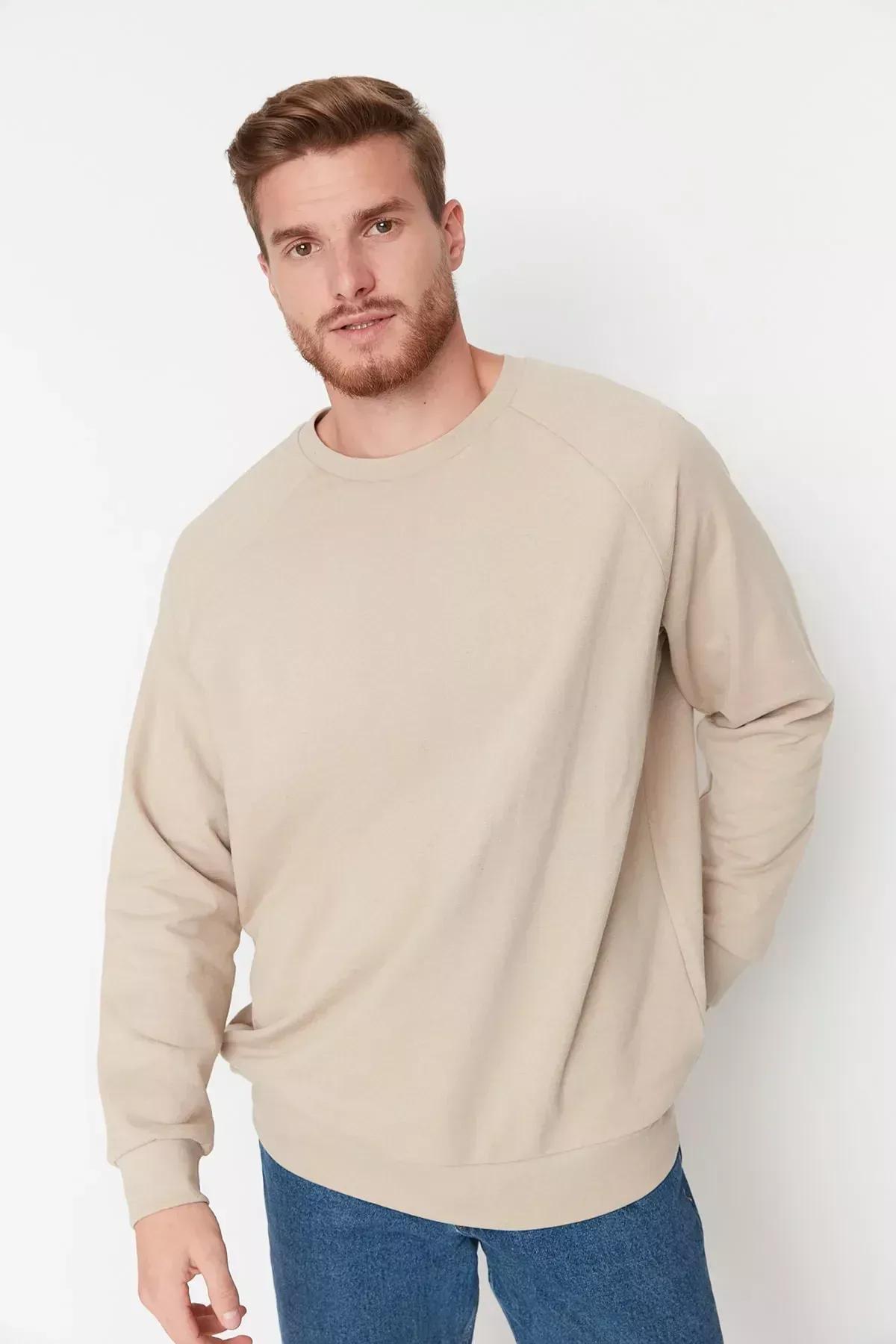 Beige Crew Neck Sweatshirt, Beige, medium