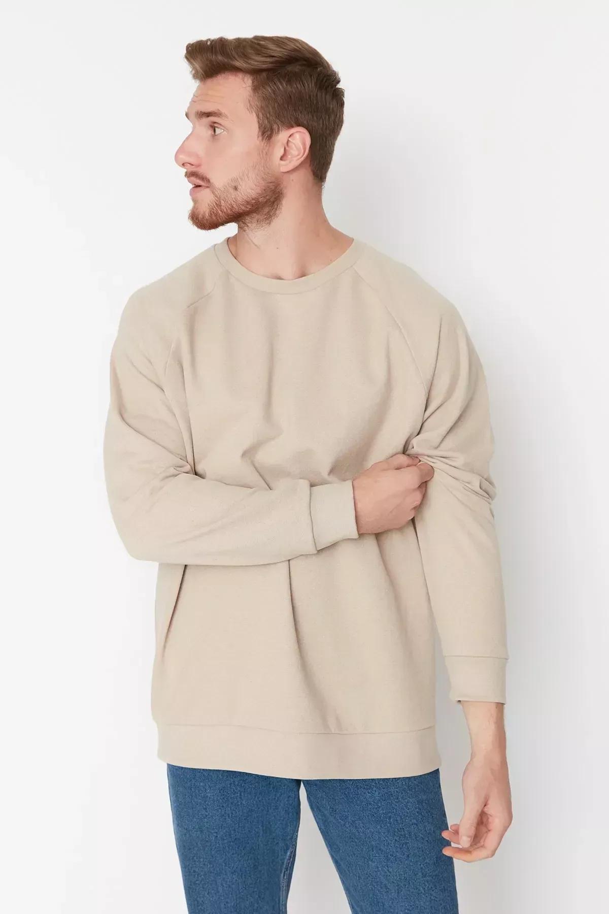 Beige Crew Neck Sweatshirt, Beige, medium