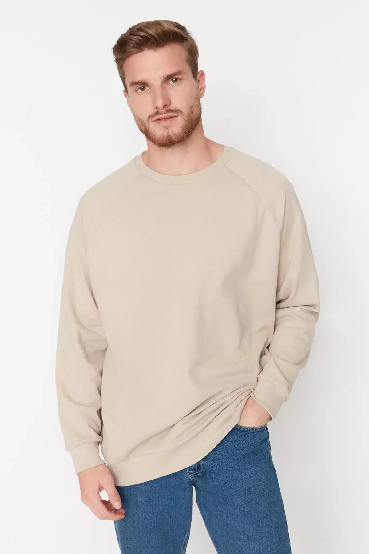 Beige Crew Neck Sweatshirt, Beige, medium