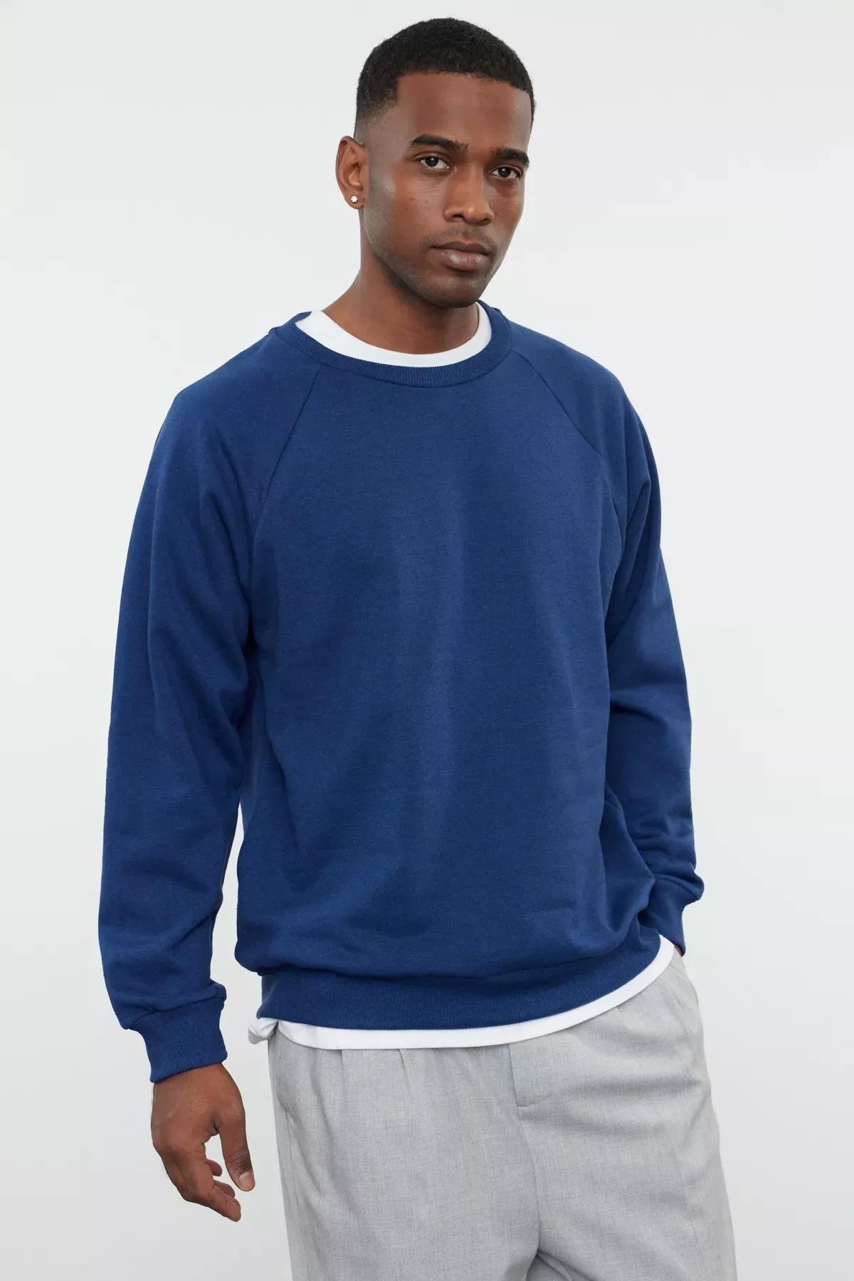 Blue Crew Neck Sweatshirt, Dark blue, medium