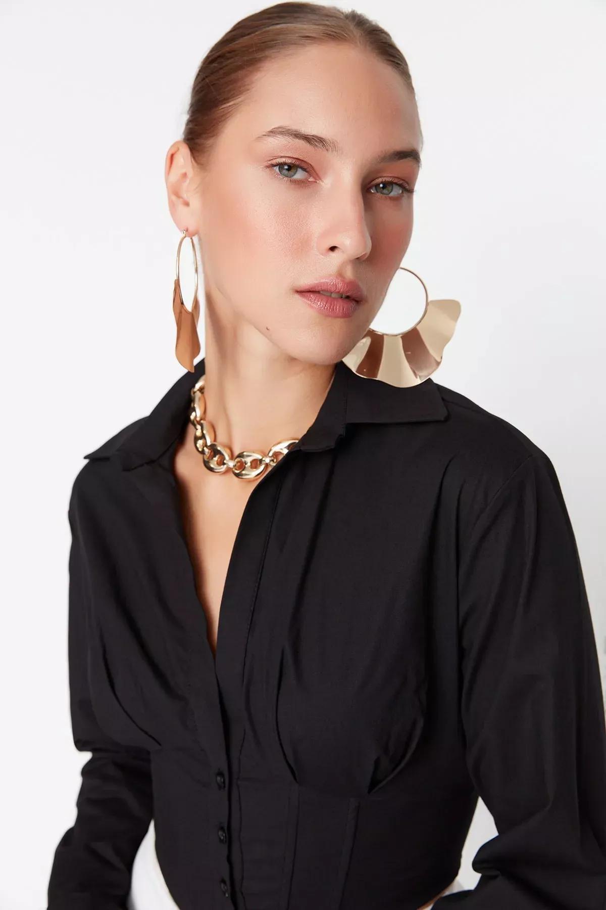 Black Fitted Collared Shirt, Black, medium