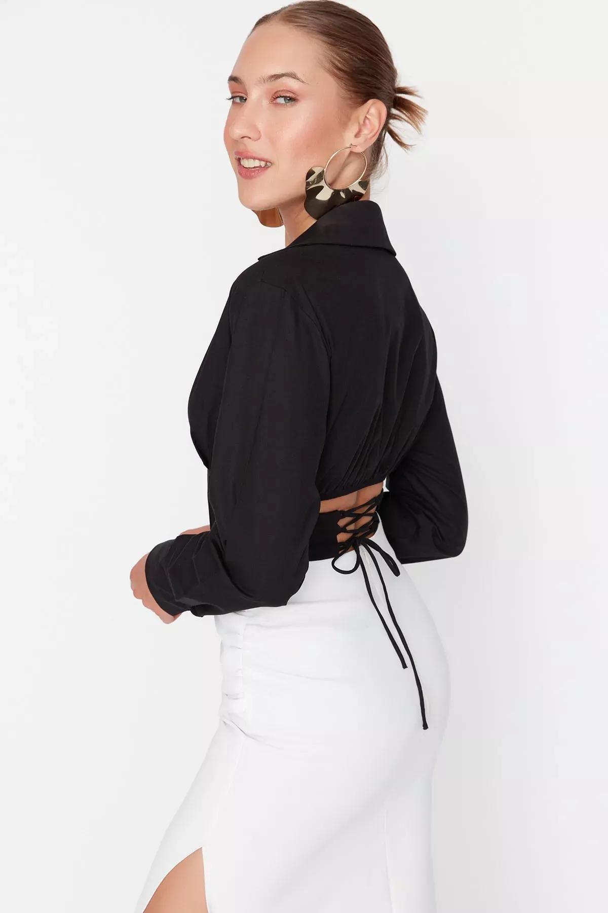 Black Fitted Collared Shirt, Black, medium