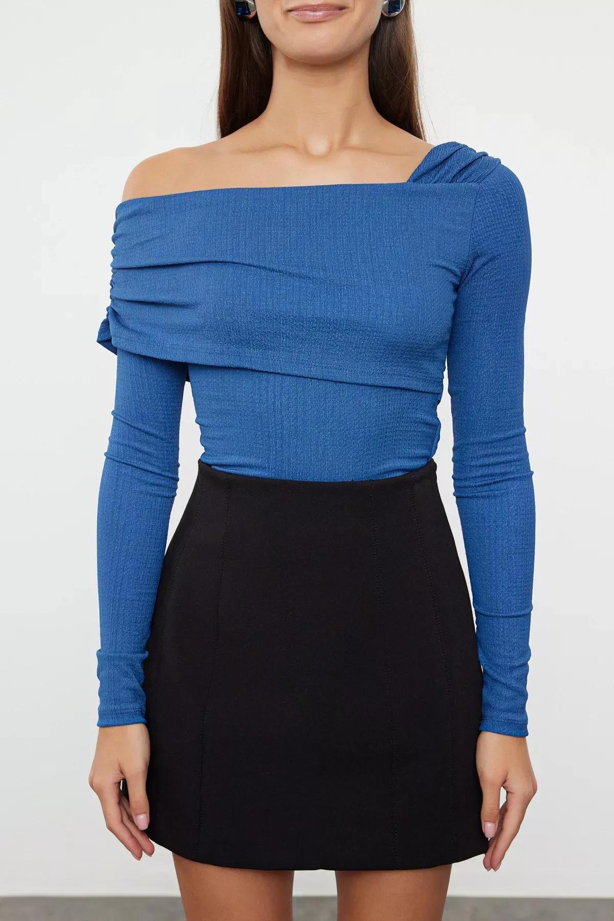 Blue Draped Fitted Knit Bodysuit, , large image number 2
