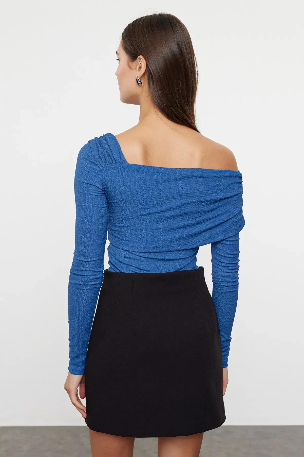 Blue Draped Fitted Knit Bodysuit, , large image number 4