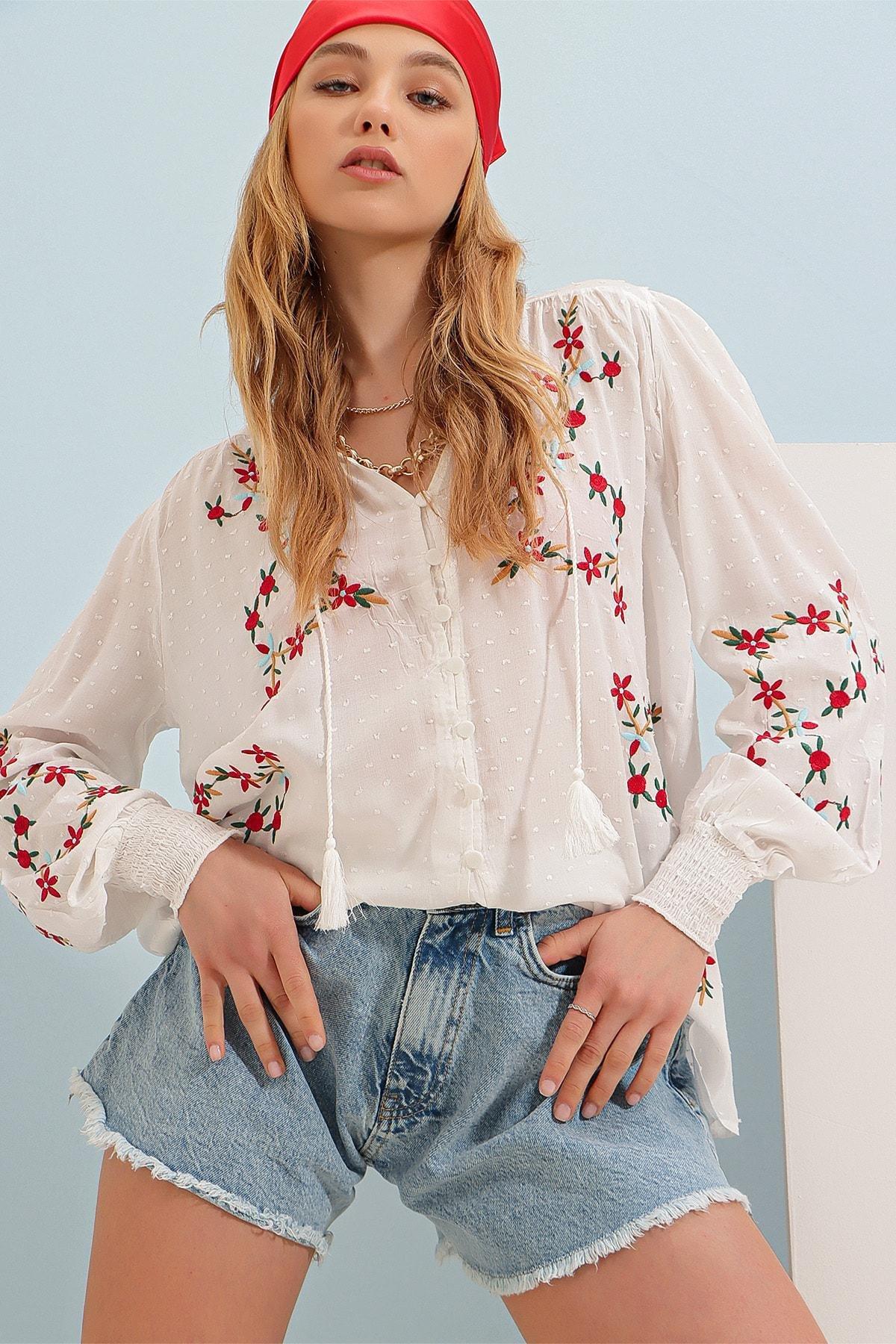 White Floral Cotton Shirt, White, large image number 0