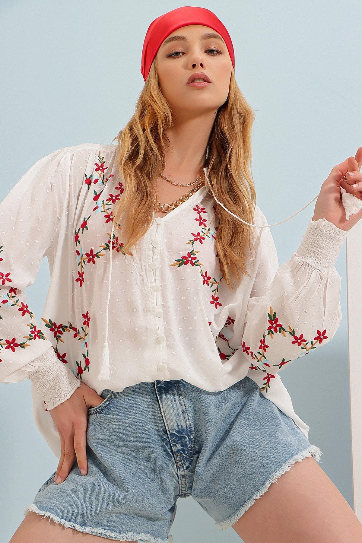 White Floral Cotton Shirt, White, large image number 2