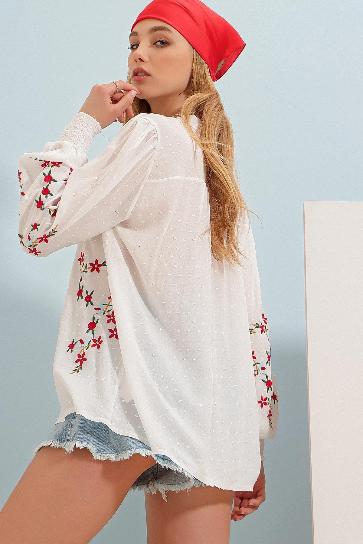 White Floral Cotton Shirt, White, large image number 3