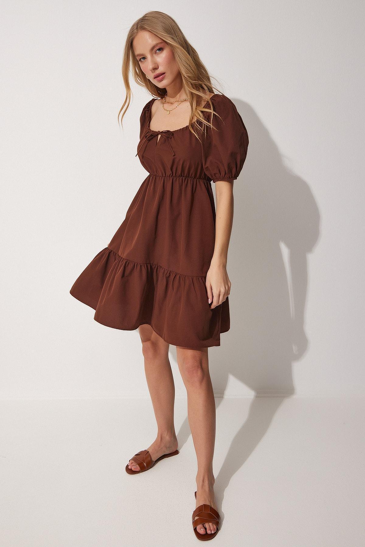 Brown Scoop Neck Ruffle Hem Dress, , large image number 0