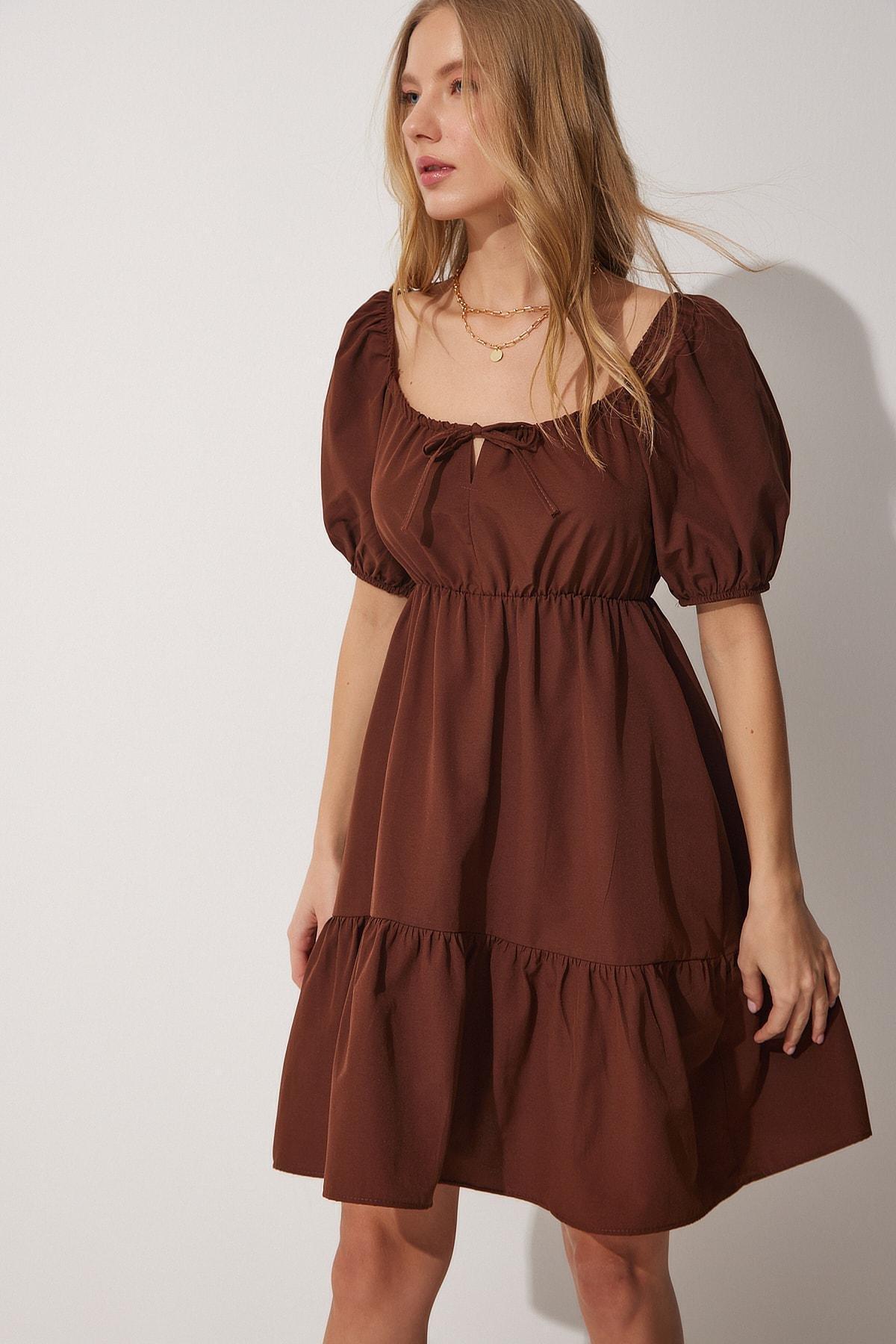 Brown Scoop Neck Ruffle Hem Dress, , large image number 1
