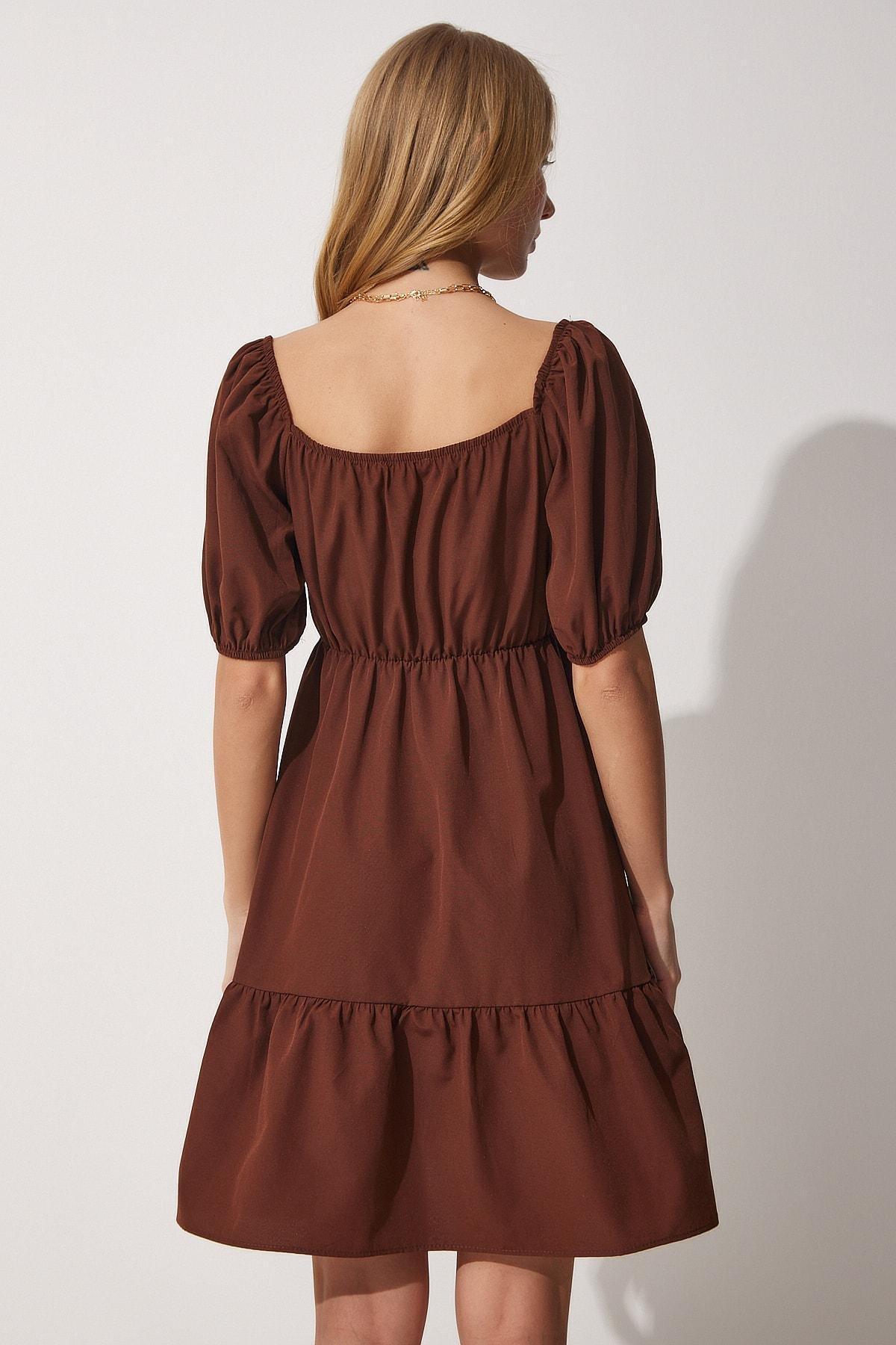 Brown Scoop Neck Ruffle Hem Dress, , large image number 2
