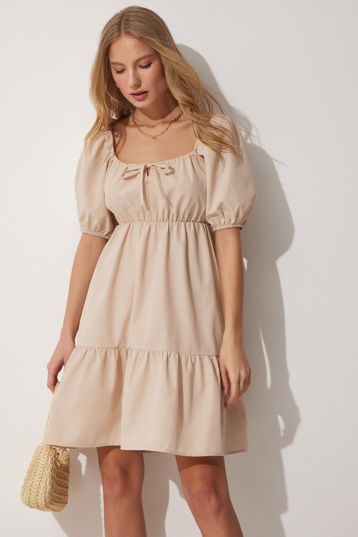 Beige Scoop Neck Ruffel Hem Dress, , large image number 0
