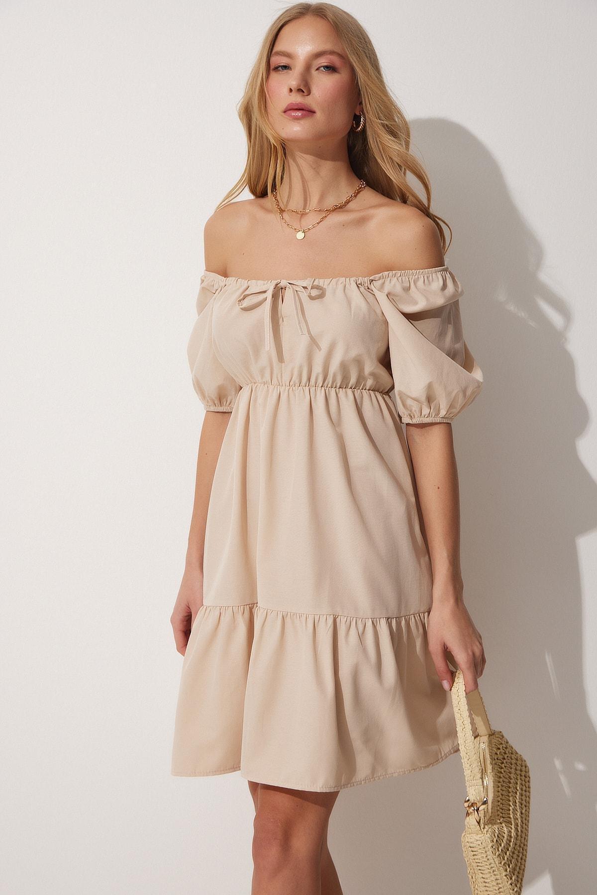 Beige Scoop Neck Ruffel Hem Dress, , large image number 1