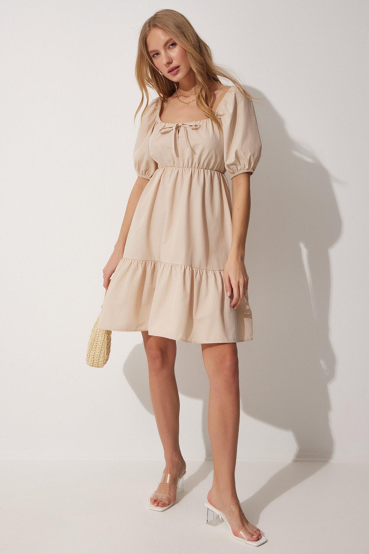 Beige Scoop Neck Ruffel Hem Dress, , large image number 2