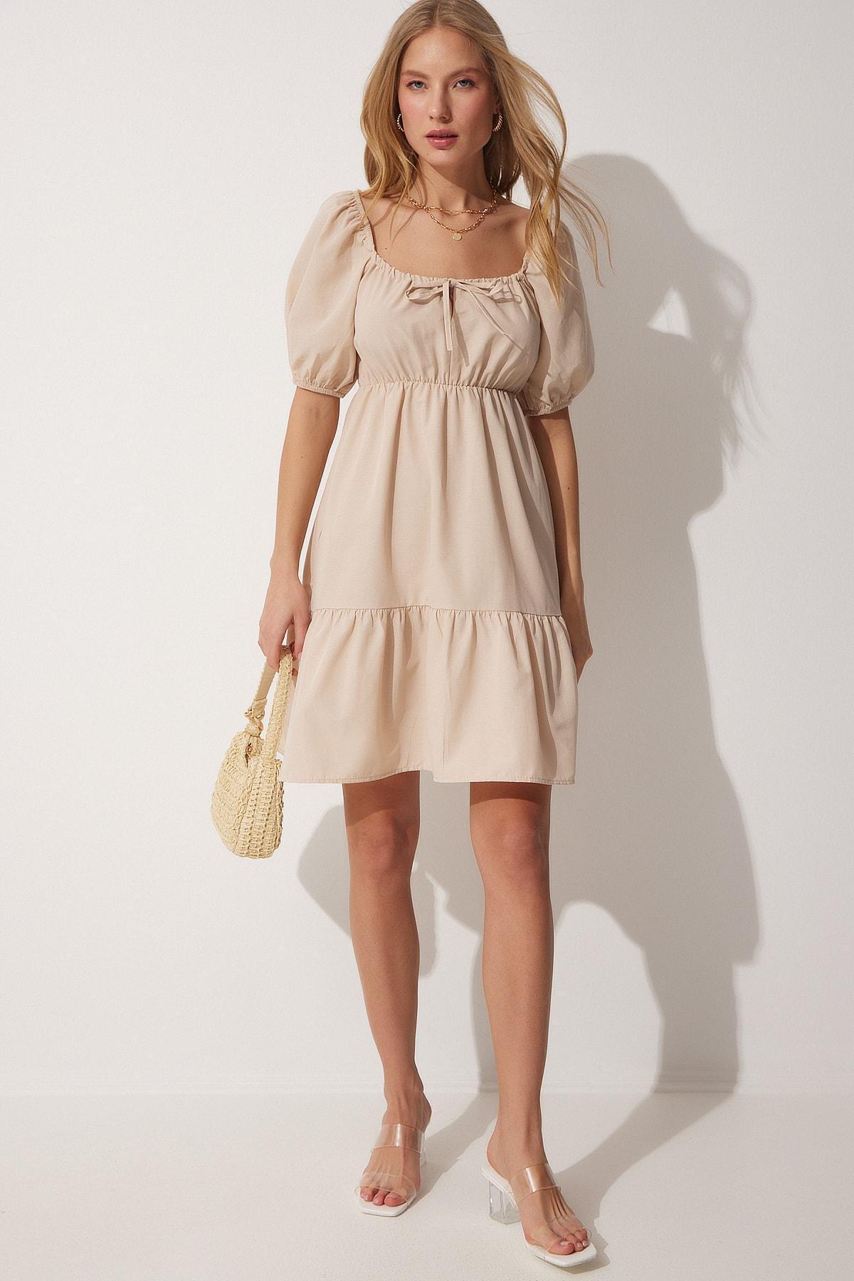 Beige Scoop Neck Ruffel Hem Dress, , large image number 3