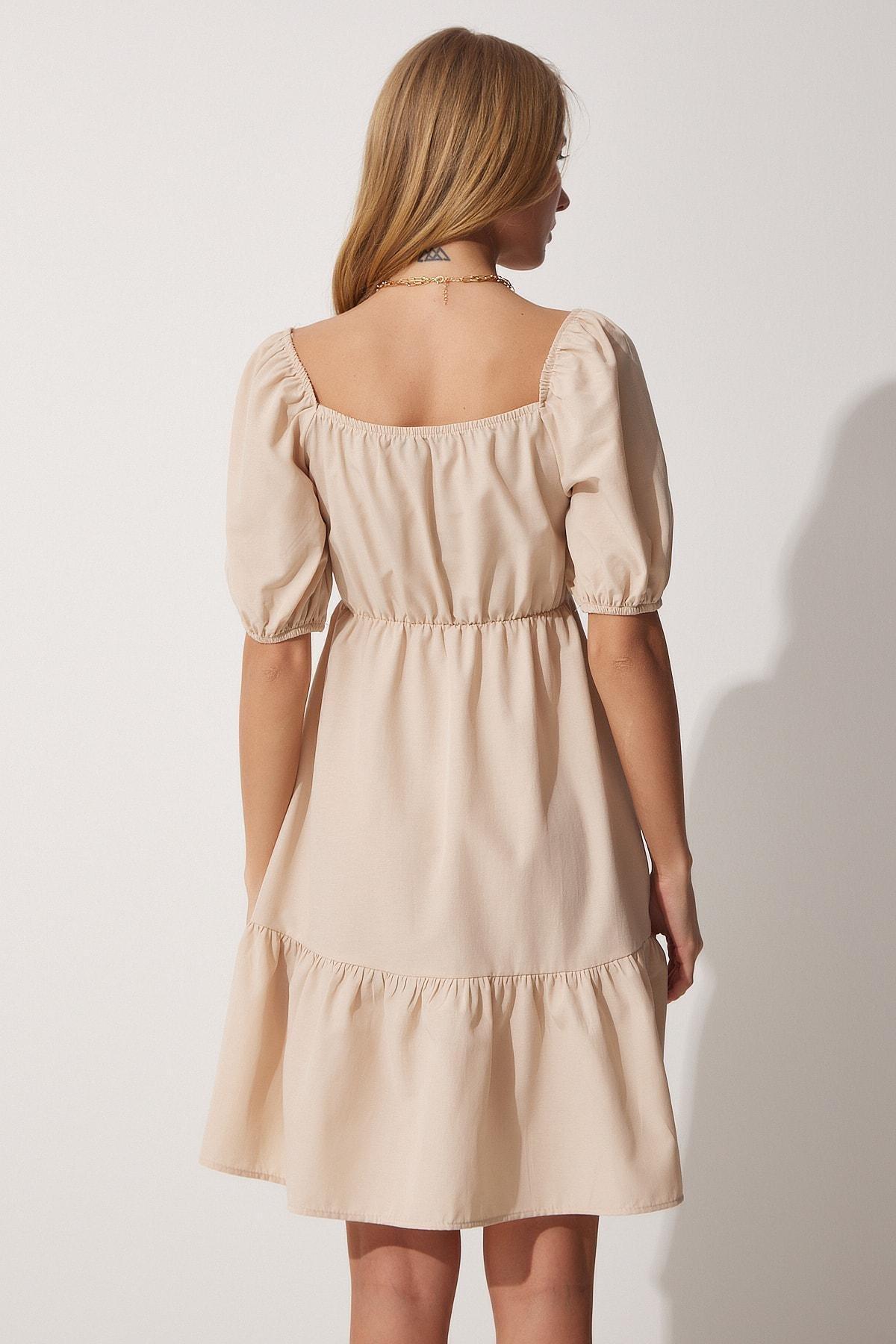 Beige Scoop Neck Ruffel Hem Dress, , large image number 4