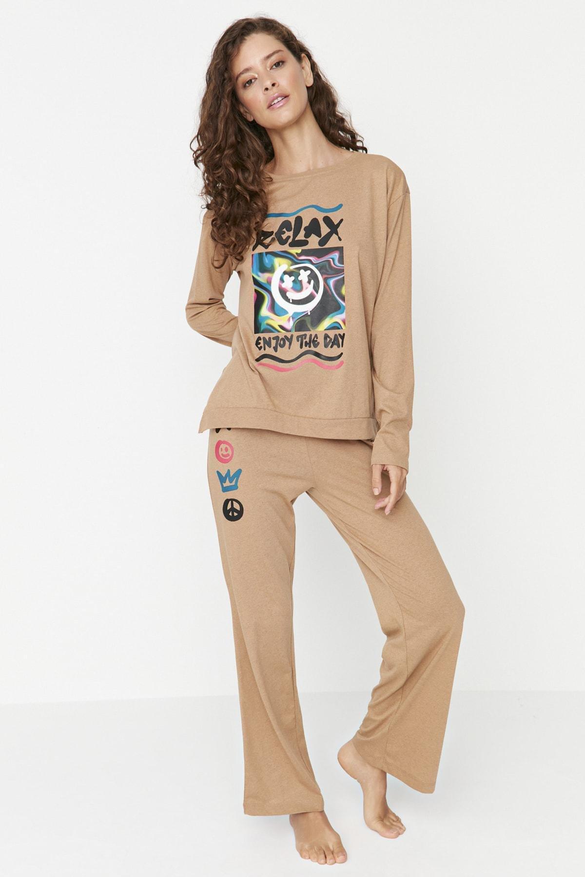 Beige Fitted Graphic Crew Neck Pajama Set, , large image number 0
