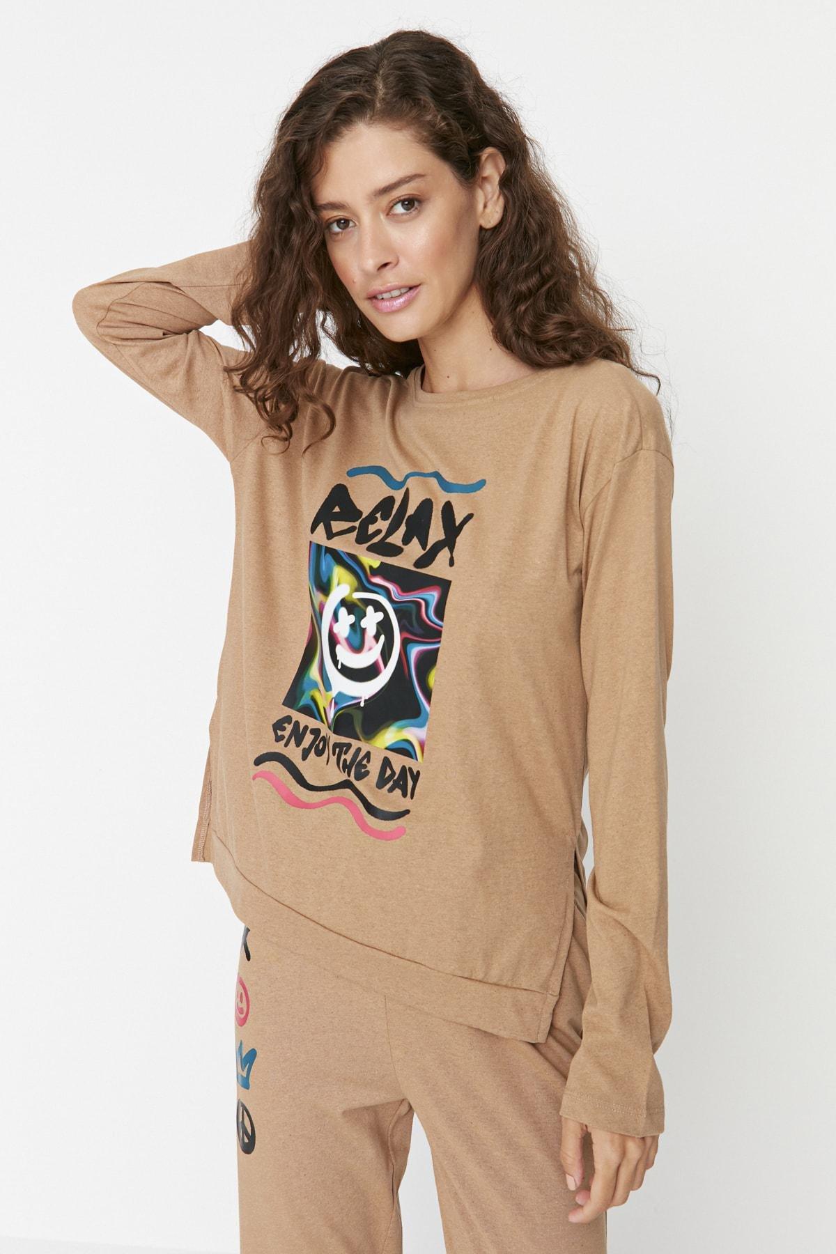 Beige Fitted Graphic Crew Neck Pajama Set, , large image number 1