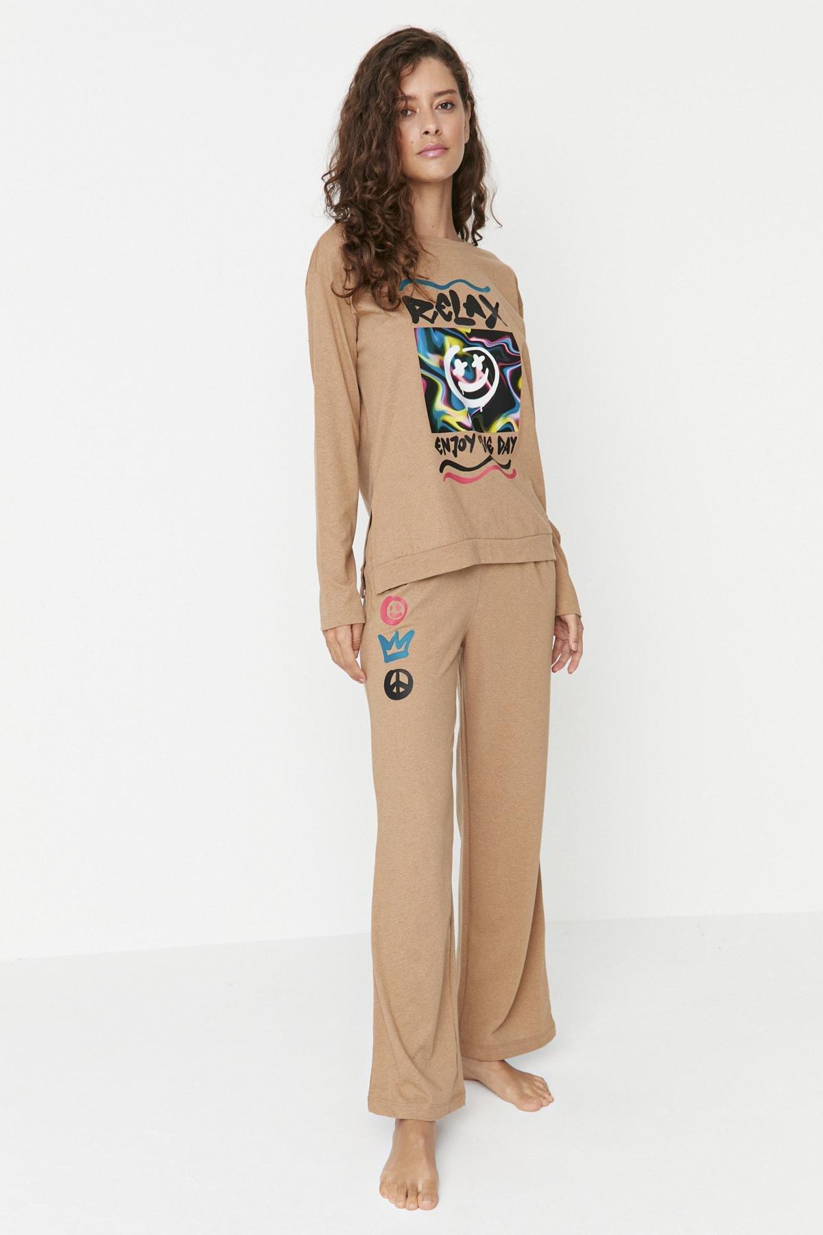 Beige Fitted Graphic Crew Neck Pajama Set, , large image number 3