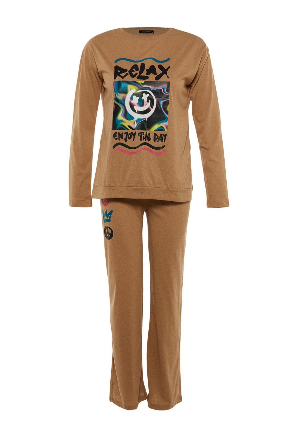 Beige Fitted Graphic Crew Neck Pajama Set, , large image number 5