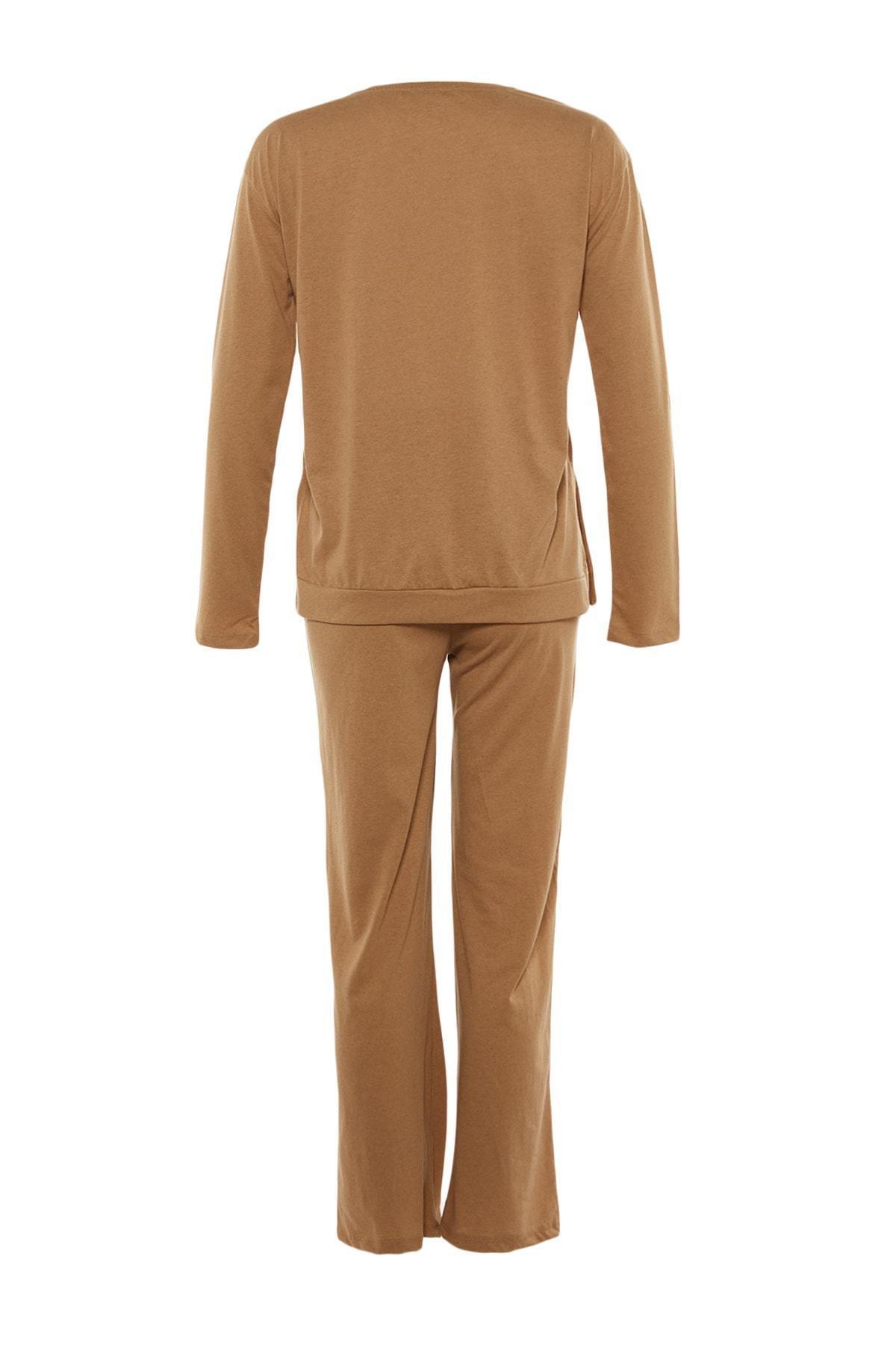 Beige Fitted Graphic Crew Neck Pajama Set, , large image number 7