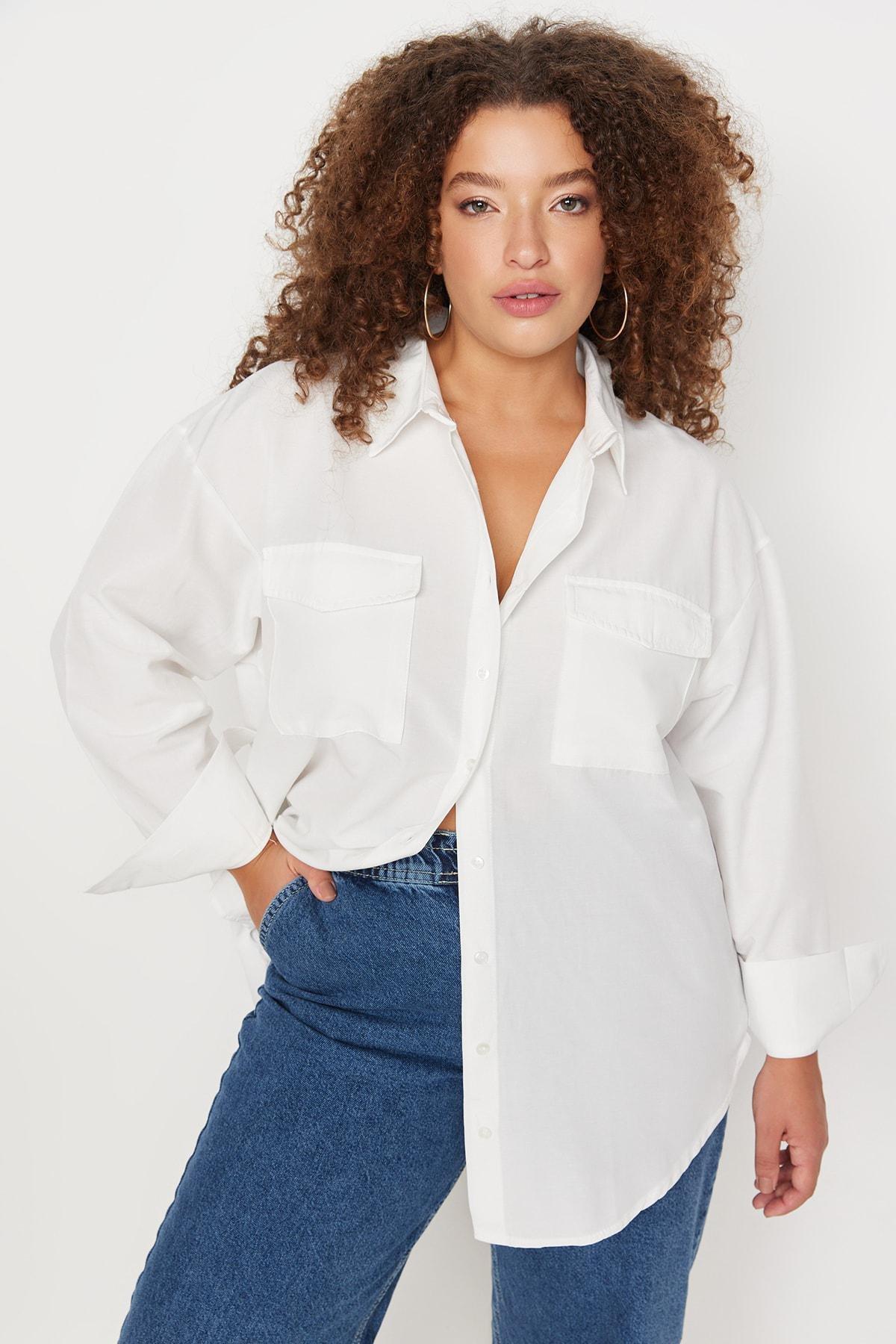 White Oversize Cotton Plus Size Shirt, , large image number 0