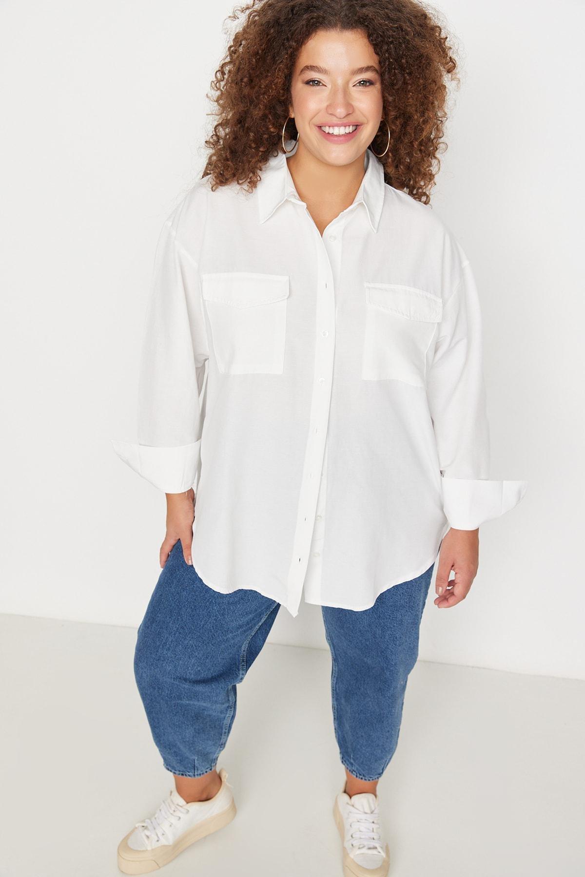 White Oversize Cotton Plus Size Shirt, , large image number 2