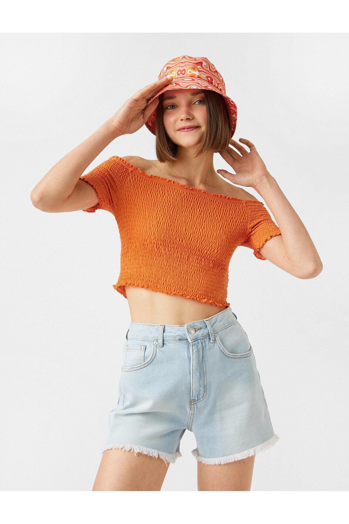 Koton - Orange Short Sleeve Boat Neck T-Shirt