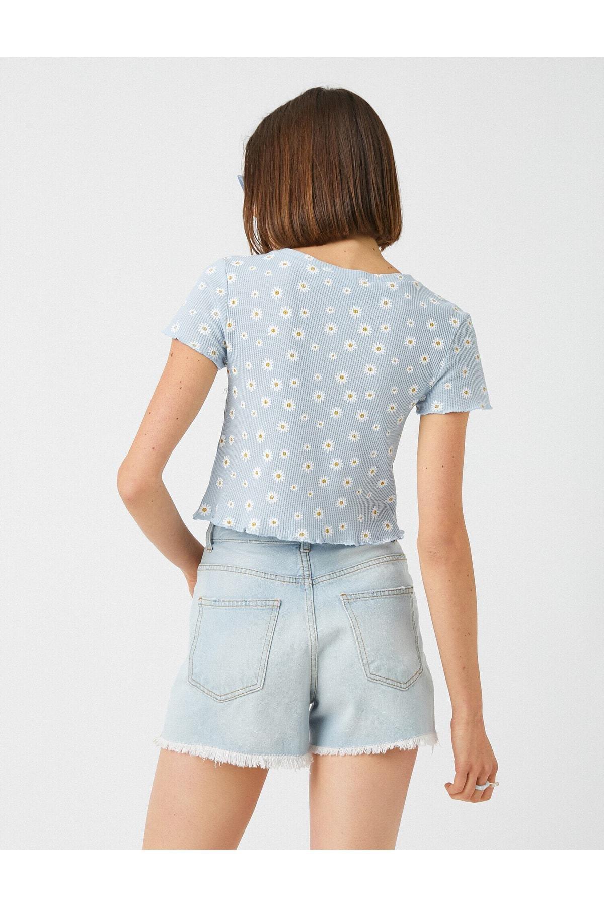 Koton - Blue Short Sleeve Floral Printed T-Shirt