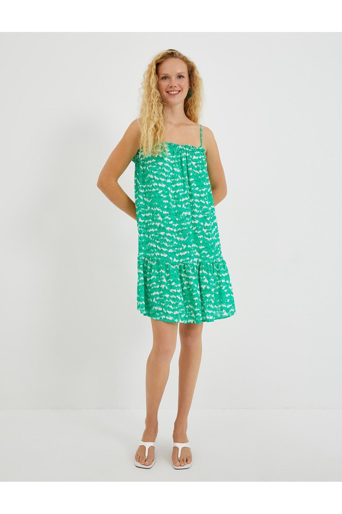 Koton - Green Patterned Square Neck Mini Dress